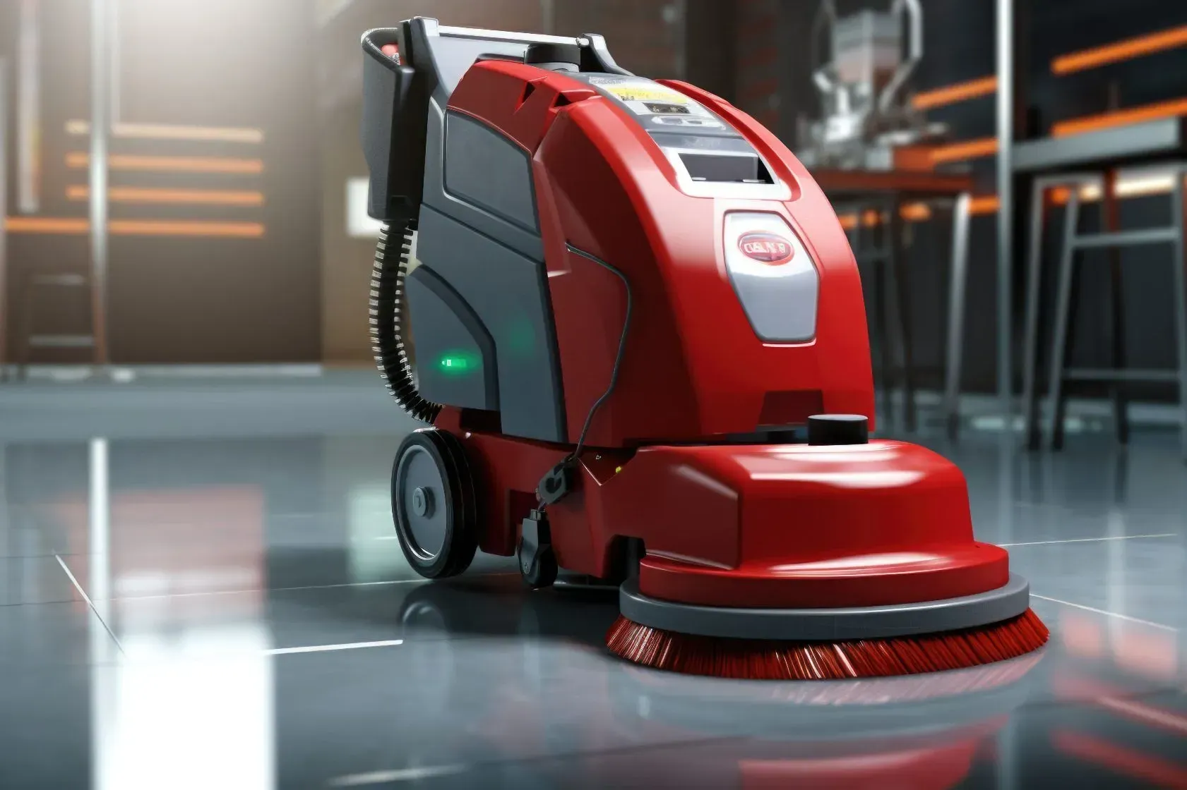 Machine autolaveuse rouge qui nettoie un sol brillant