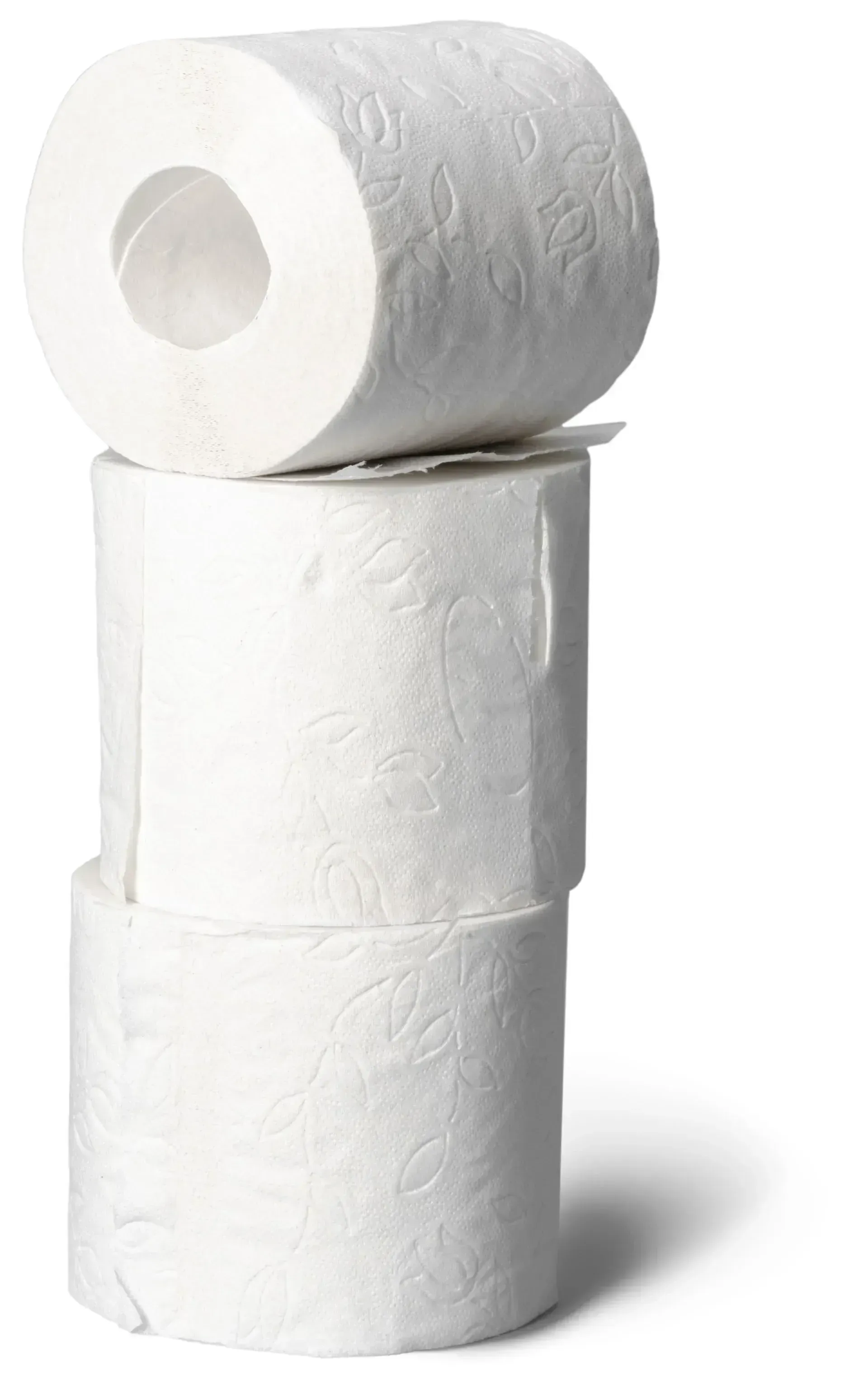 Trois rouleaux de papier toilette blanc empilés avec un motif floral