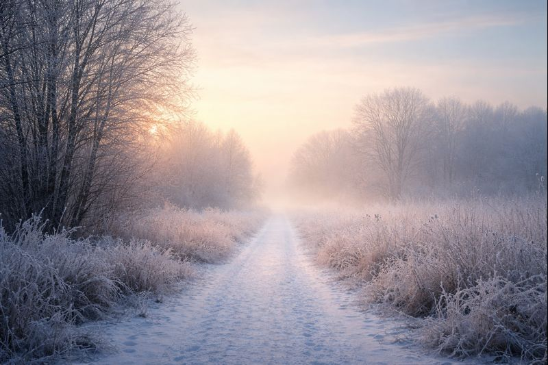 Winterlicher Weg im Morgennebel als Symbol für den stillen Übergang zwischen den Jahren