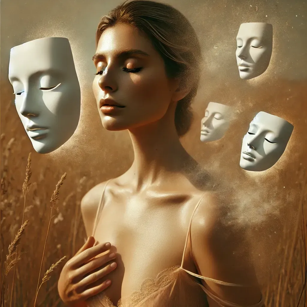 Frau in warmem Licht mit auflösenden Masken – Symbol für Loslassen, Selbstfindung und Körpersignale
