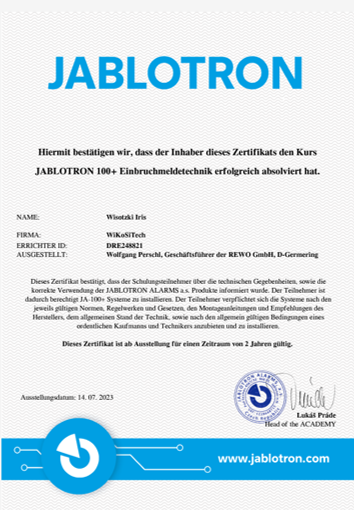 Jablotron Zertifikat WiKoSiTech