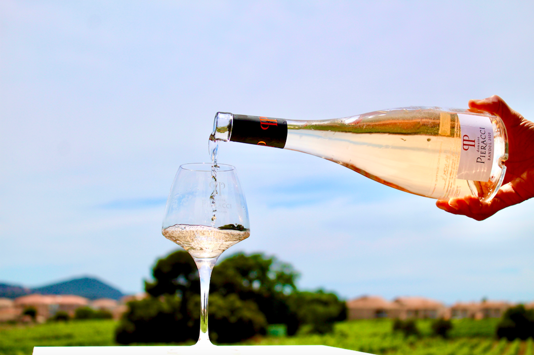 Vin blanc du Domaine Pieracci servi dans un verre gravé, avec vue sur le vignoble provençal en arrière-plan.