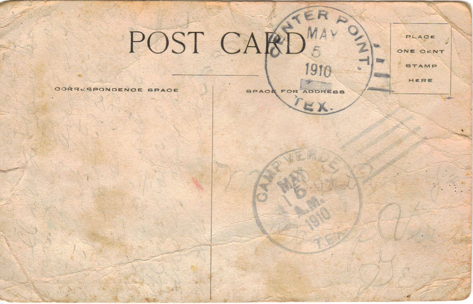 old blank post card with cancellation marks from  Center Point May 5th1910