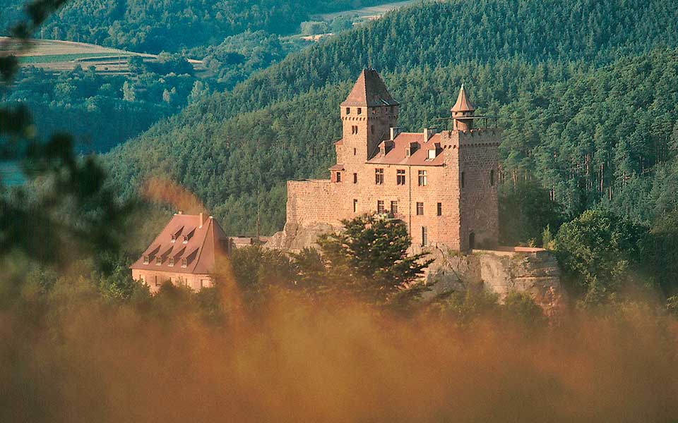 Berwartstein von weitem fotografiert, unscharfe Äste umrahmen das Bild, © Karheinz Schmeckenbecher, Bilderarchiv Südliche Weinstrasse e.V.