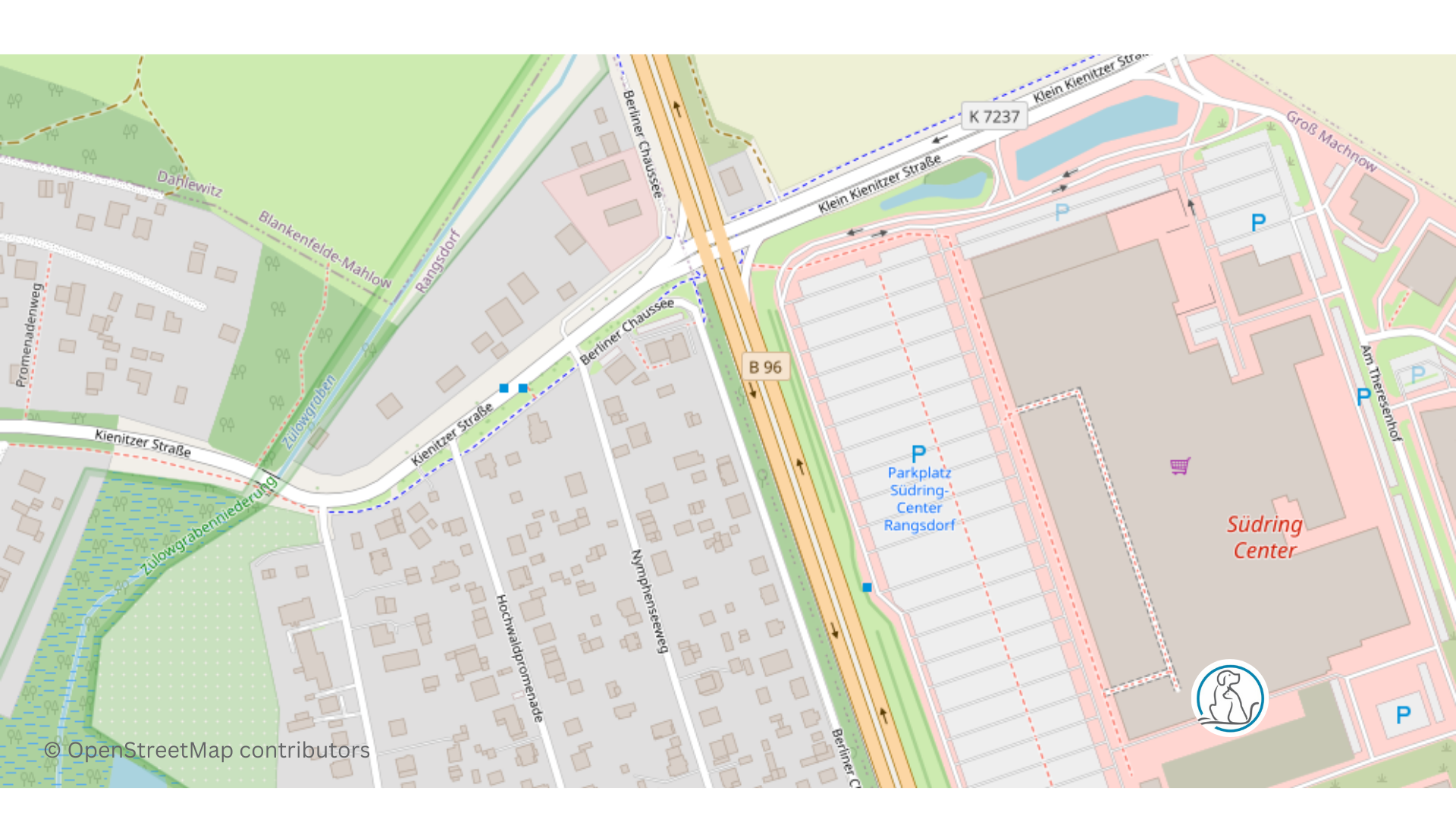 Straßenkarte der Region Südringcenter mit Logo der Tierarztpraxis Rangsdorf über dem Standort der Tierarztpraxis Rangsdorf