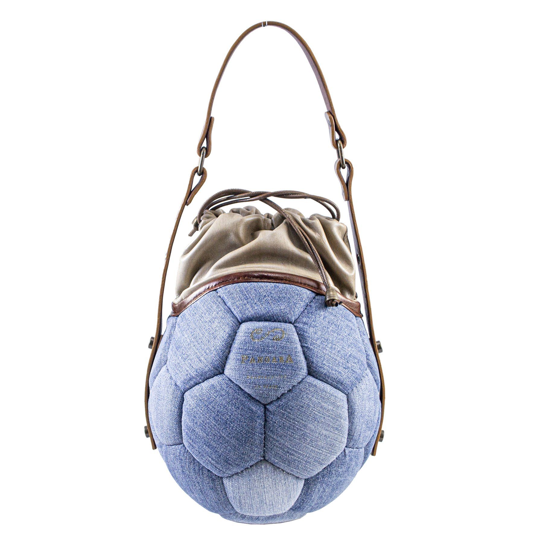 pangaea borsa tonda ricavata dal riciclo di palloni da calcio e jeans componibile ecosostenibile davanti