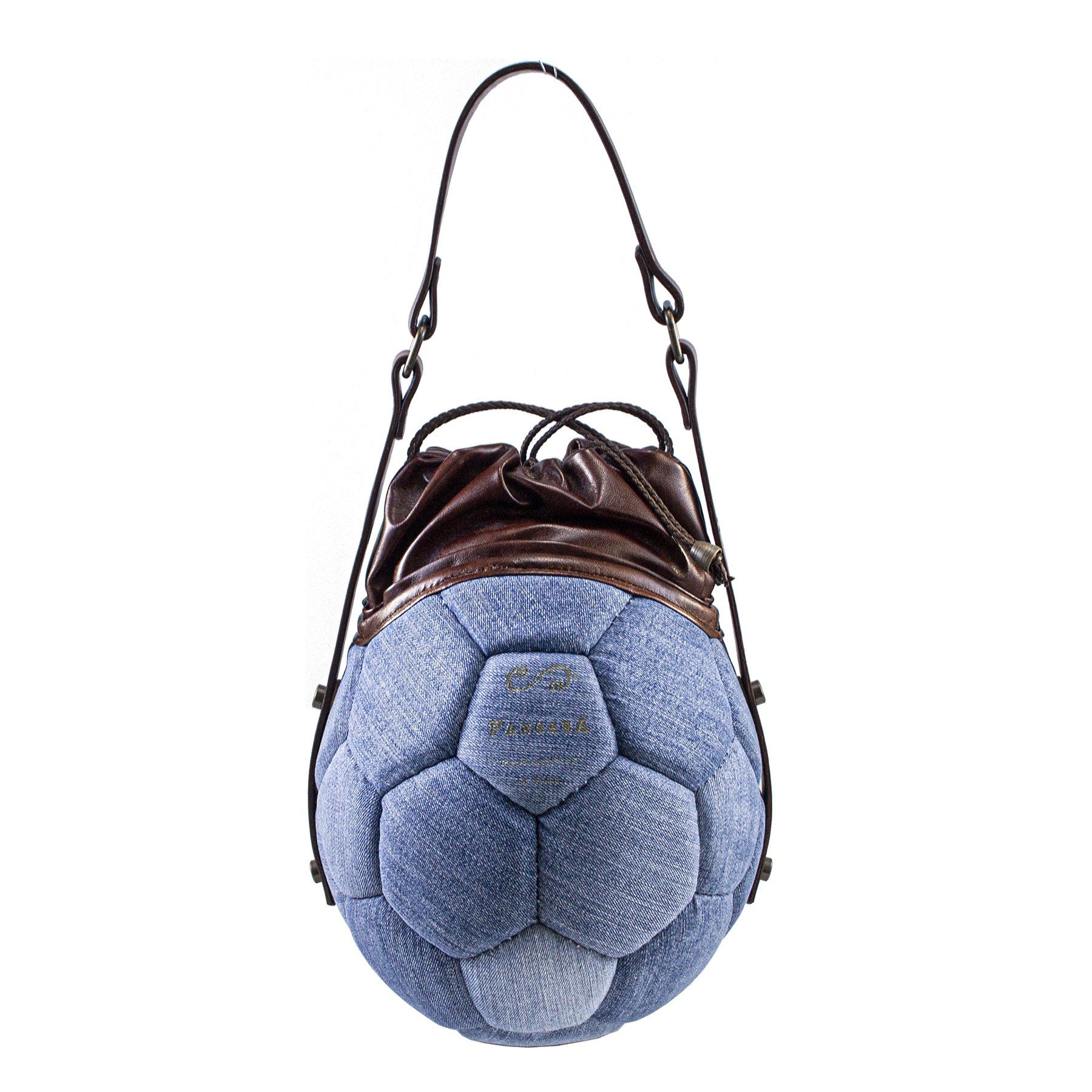 pangaea borsa tonda ricavata dal riciclo di palloni da calcio e jeans componibile ecosostenibile beige davanti
