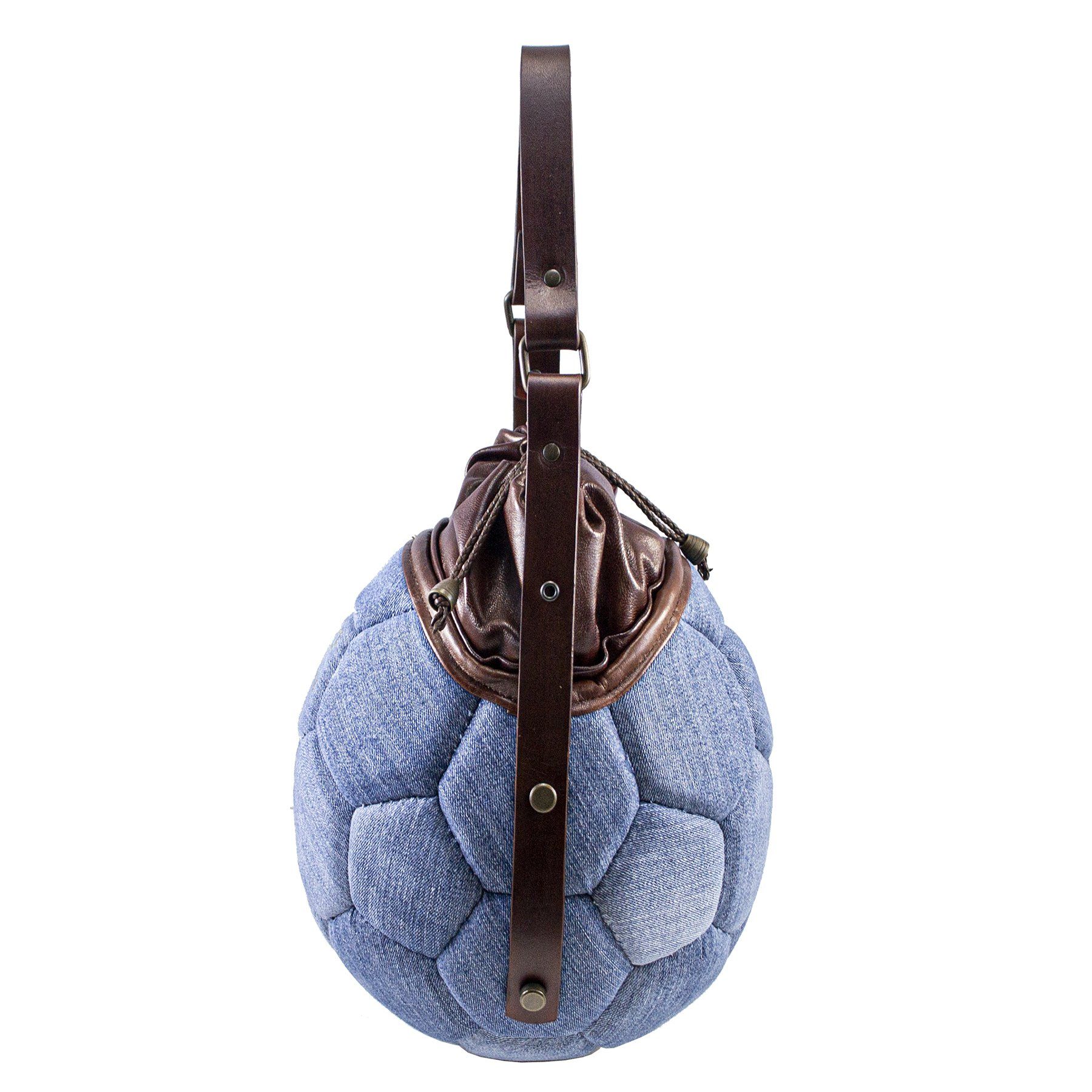 pangaea borsa tonda ricavata dal riciclo di palloni da calcio e jeans componibile ecosostenibile beige lato