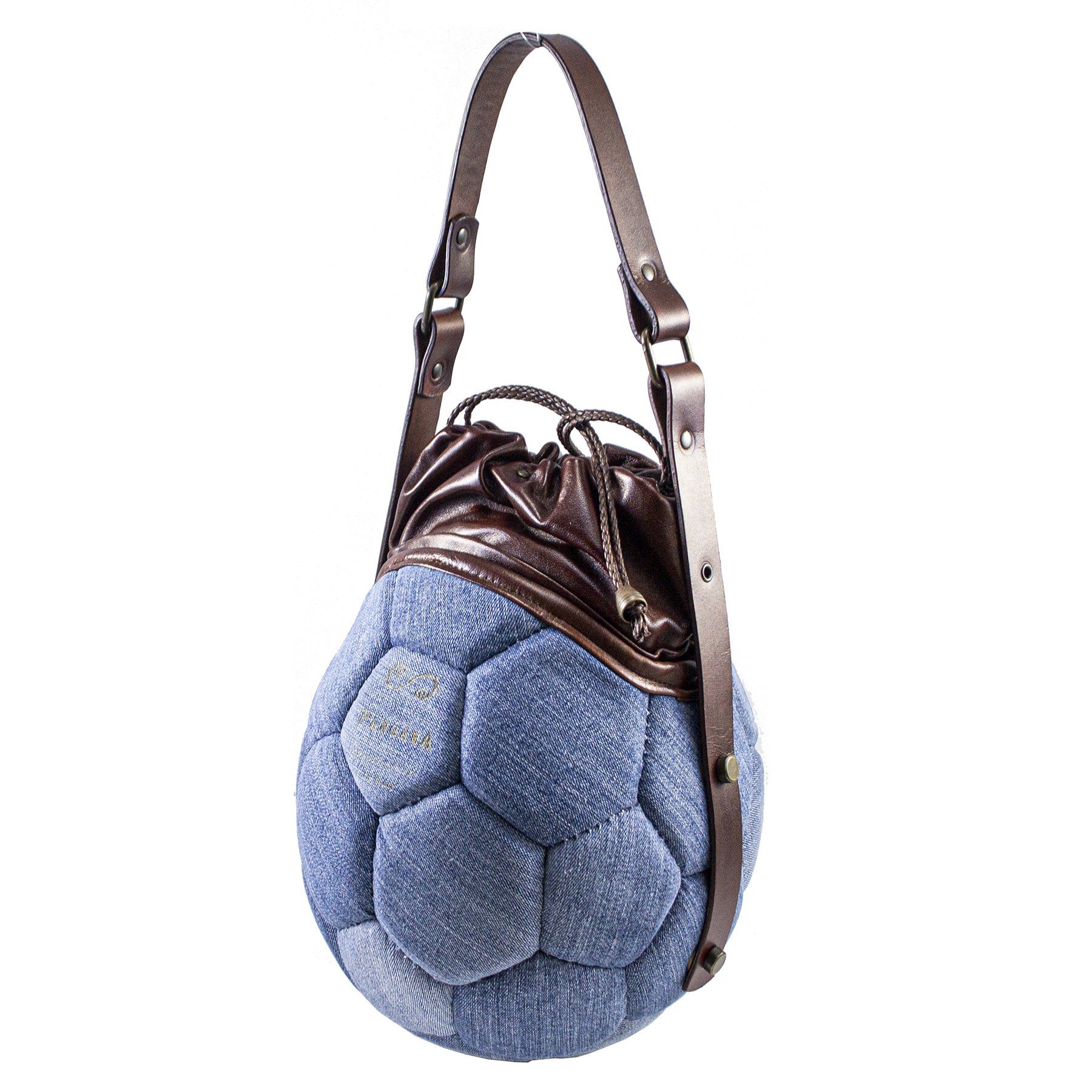 pangaea borsa tonda ricavata dal riciclo di palloni da calcio e jeans componibile ecosostenibile marrone davantidavanti