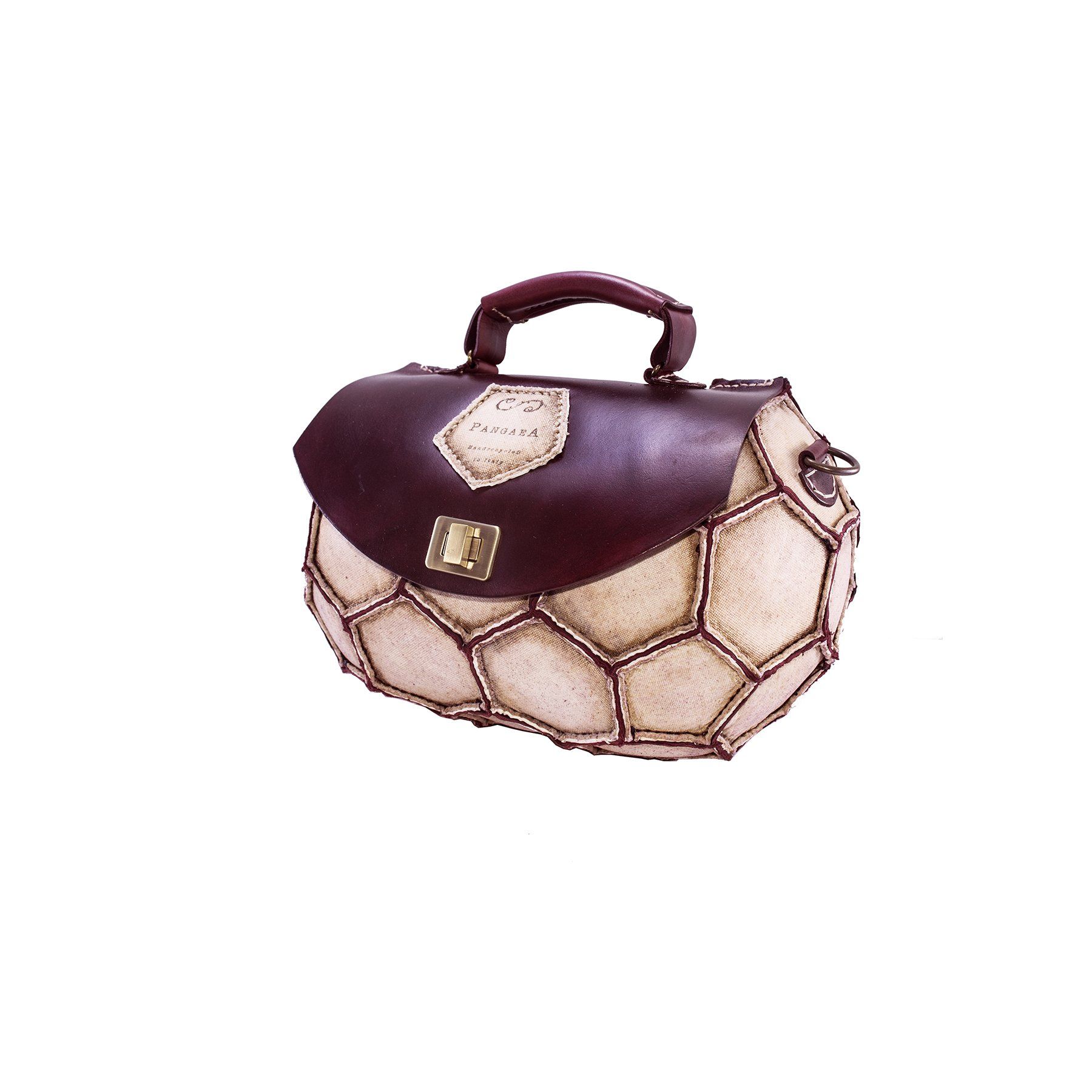 pangaea modello europa borsa bauletto riciclo pallone calcio in pelle e cuoio panna bordeaux moda etica