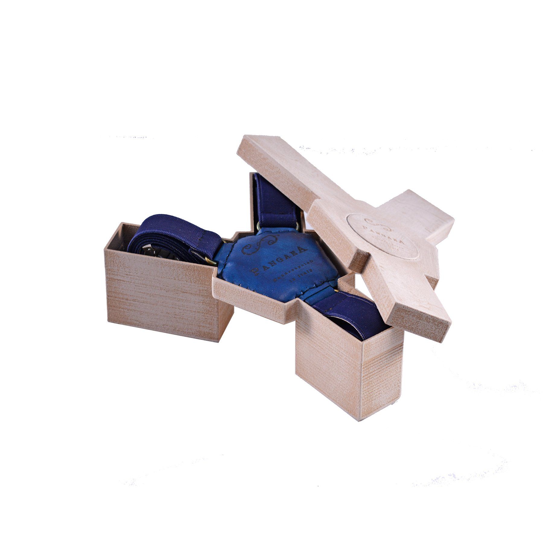 pangaea bretelle tiracche in pelle blu materiale riciclato scatola pla legno