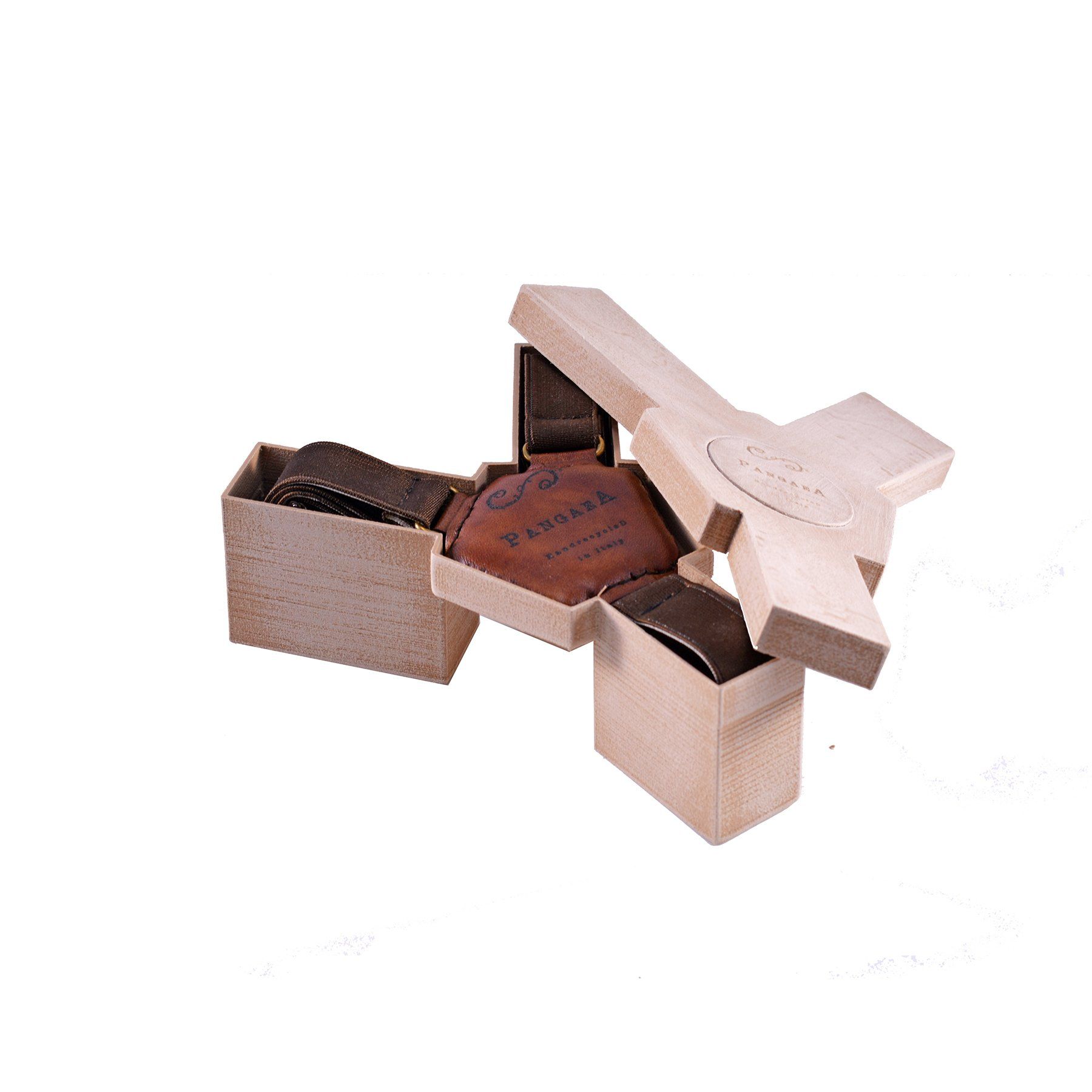 pangaea bretelle tiracche in pelle marrone materiale riciclato scatola pla legno