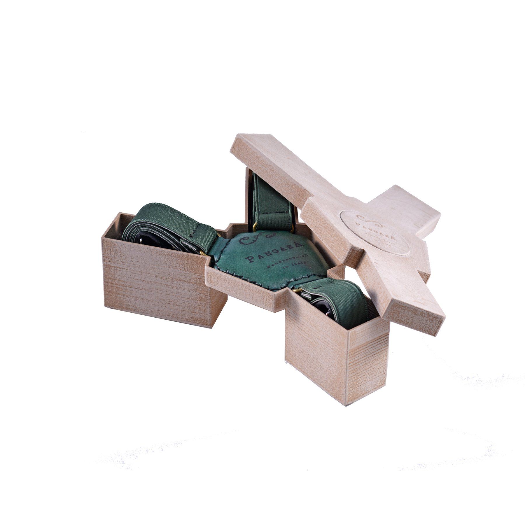 pangaea bretelle tiracche in pelle verde materiale riciclato scatola pla legno