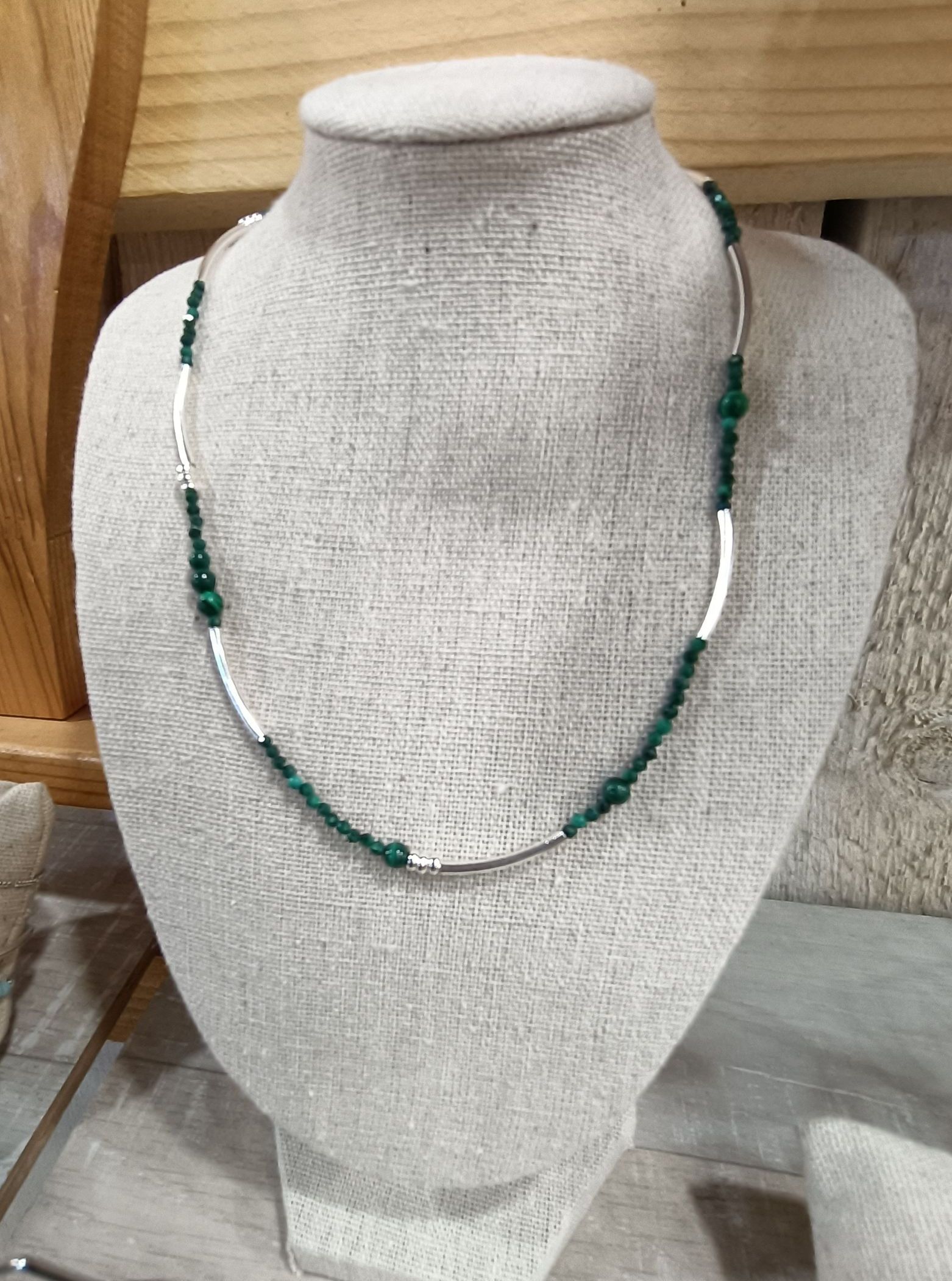 collier court 42 cm collier artisanal malachite et argent 925/1000