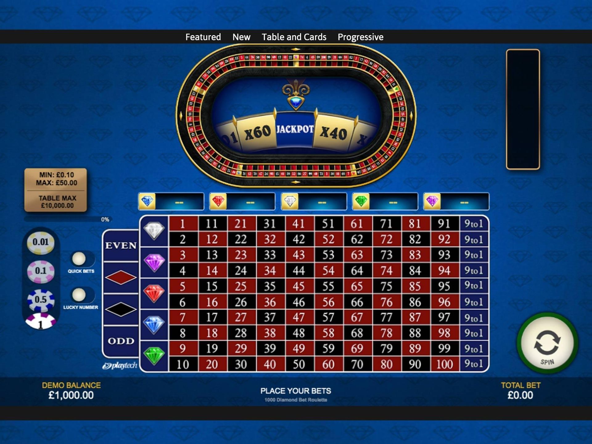 1000 Diamond Bet Roulette : la roulette en ligne RNG du pionnier de l'industrie Playtech.