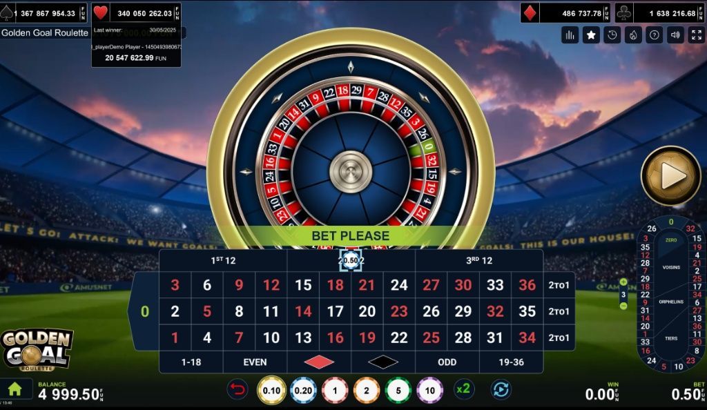 Découverte : le jeu de roulette en ligne Golden Goal Roulette par Amusnet.
