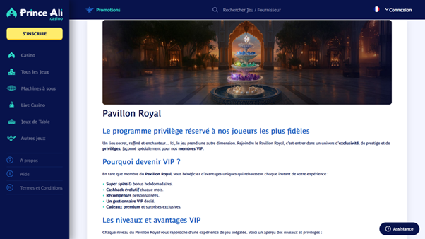 Le Pavillon Royal : le prestigieux programme VIP du casino en ligne francophone Prince Ali Casino