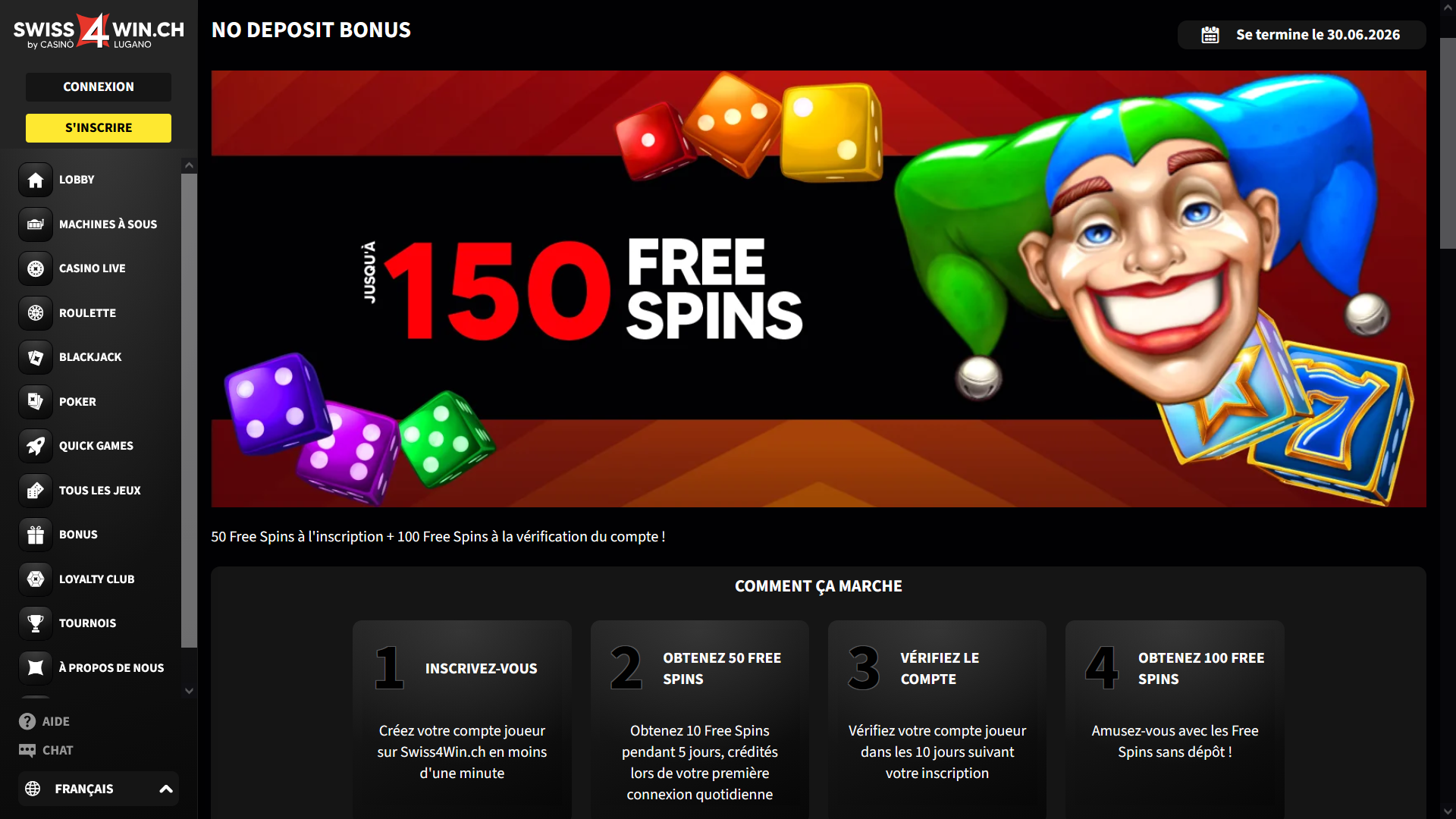 Le bonus à l'inscription unique du casino en ligne suisse Swiss4Win : 50 Free Spins sans obligation.