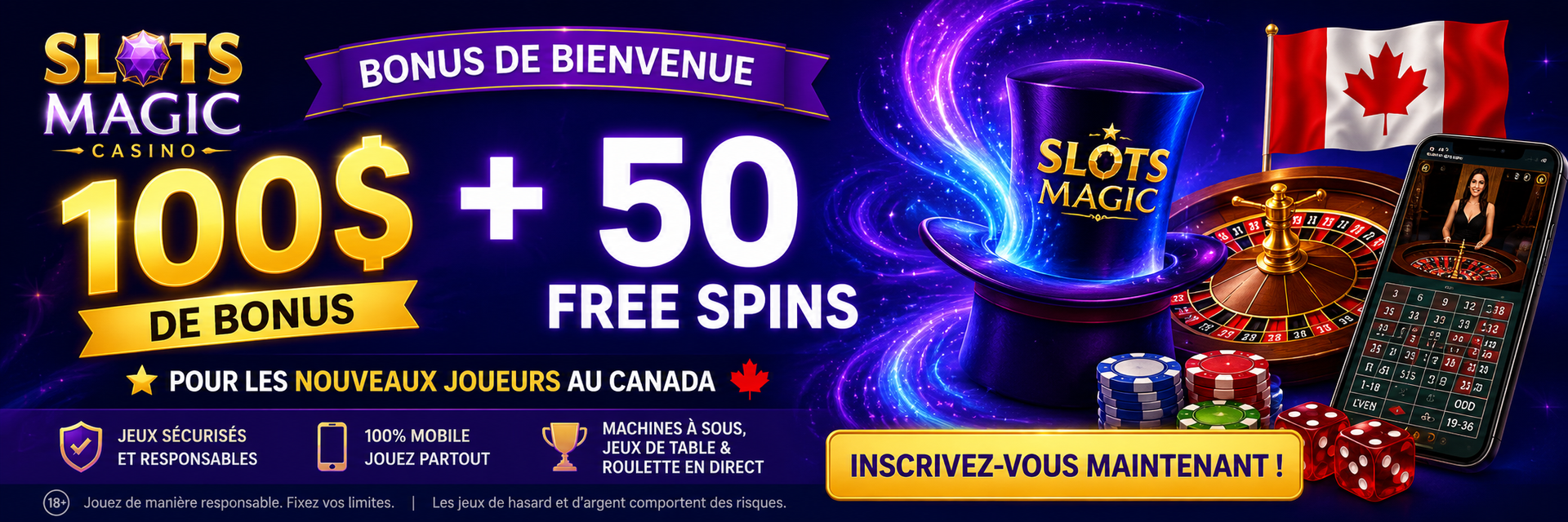 Le bonus de bienvenue de Slots Magic au Canada : 100 $ + 50 Free Spins.