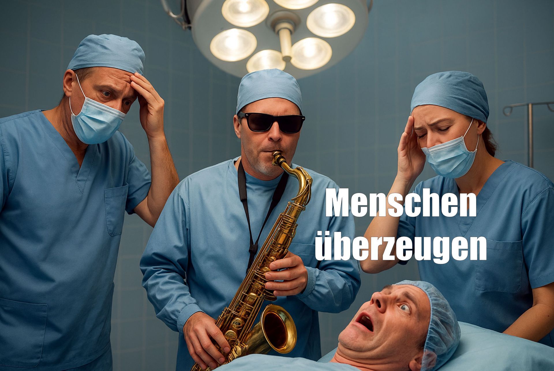 Ein Arzt im OP der Saxophon spielt.