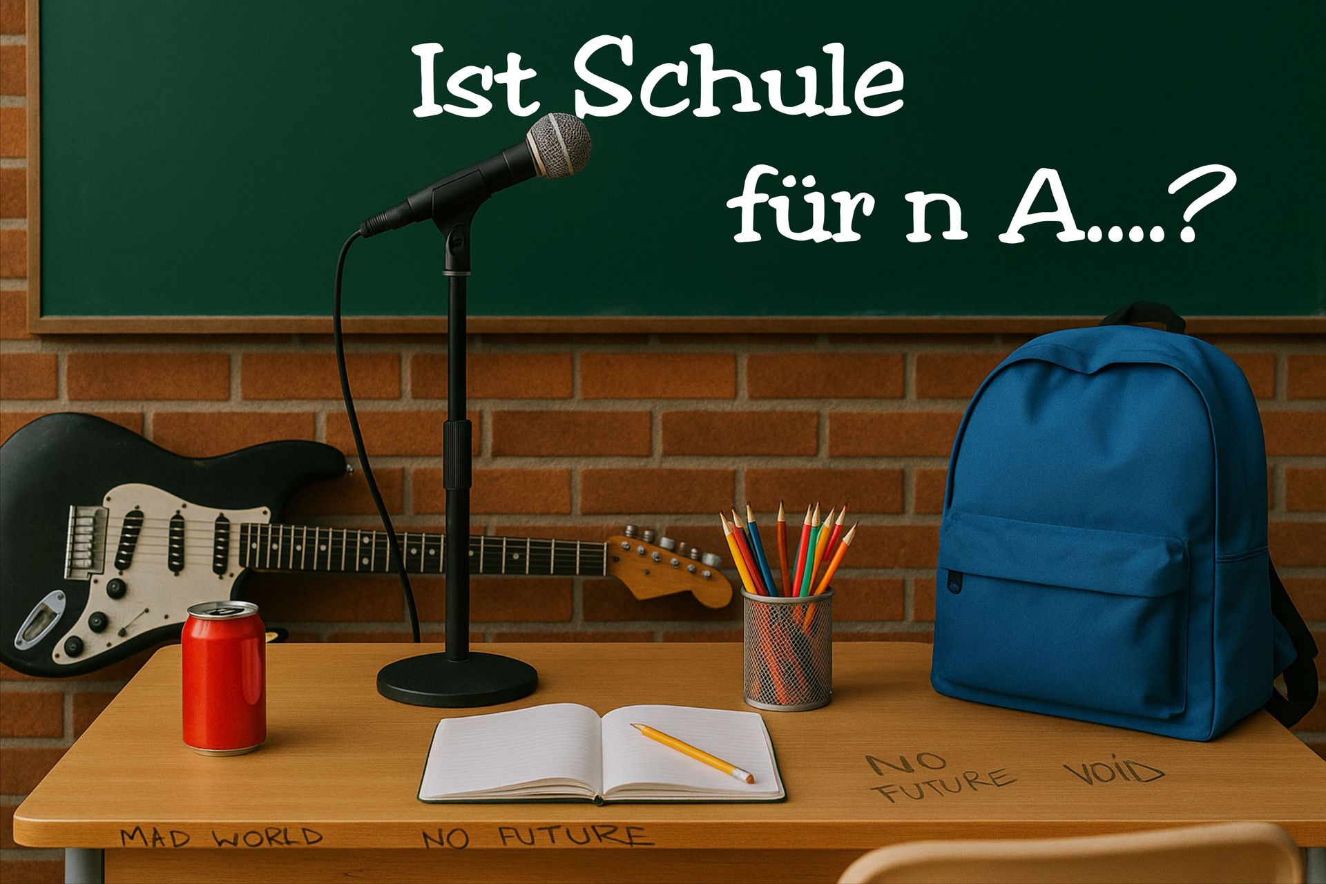 Klassenzimmer mit Tafel und E-Gitarre, Schulrucksack