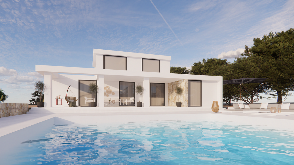 Render casa moderna en construccion con piscina La Mola Formentera