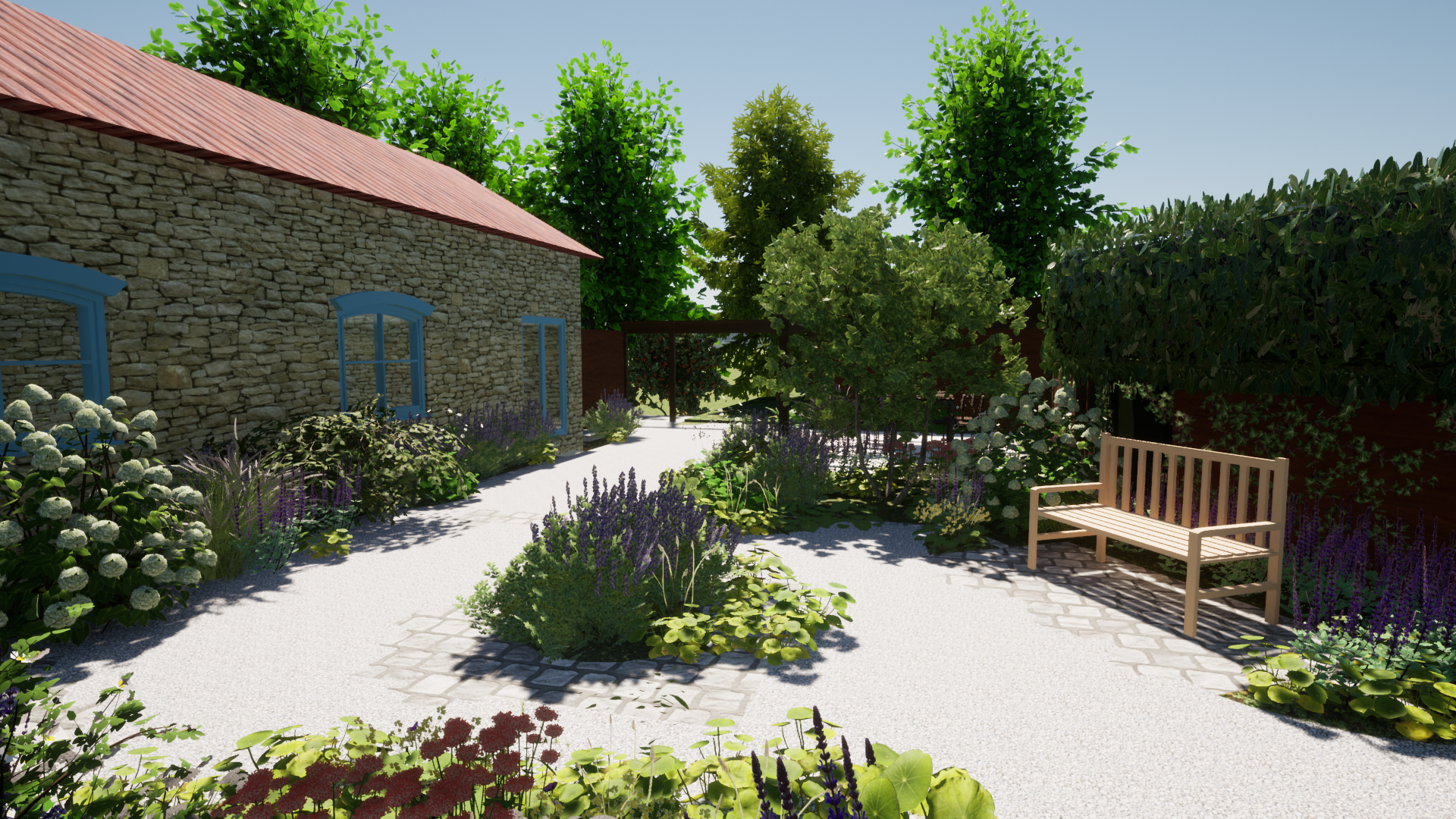 CGI render of courtyard garden design, Bath, Somerset