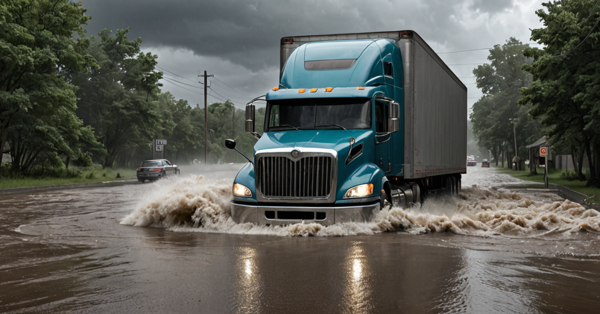 Freight Truck flooding in hurricane waters. Hurricane threatens supply chain.