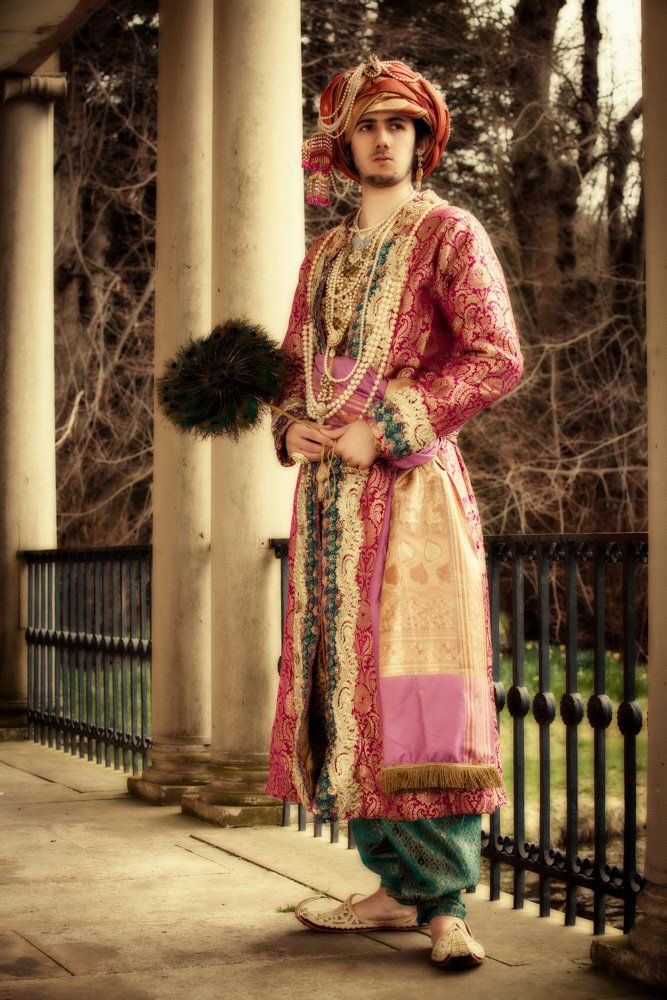 Imperial British Indian Raj Costume with feather fan and silk indian sash, turban, and pyjamas, with gold embroidery goldwork and pearls