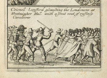 A Woodcut of Colonel Lundsford from 1642 showing royalist cavaliers assaulting London citizens during the English Civil War