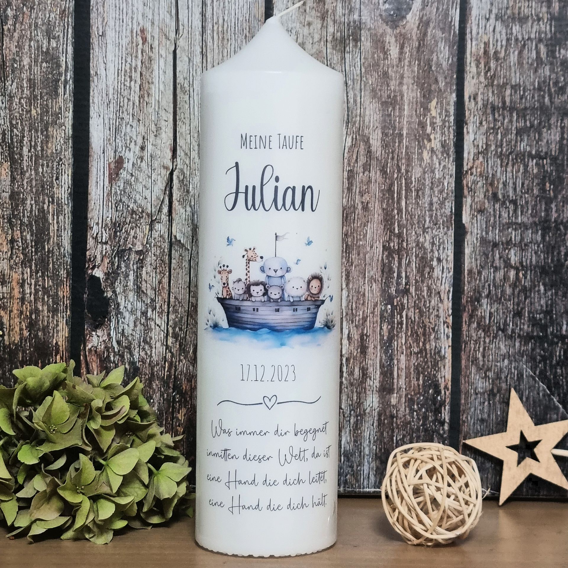 Taufkerze mit Arche Noah Motiv, Taufgeschenk, Babygeschenk, Baby Willkommensgeschenk