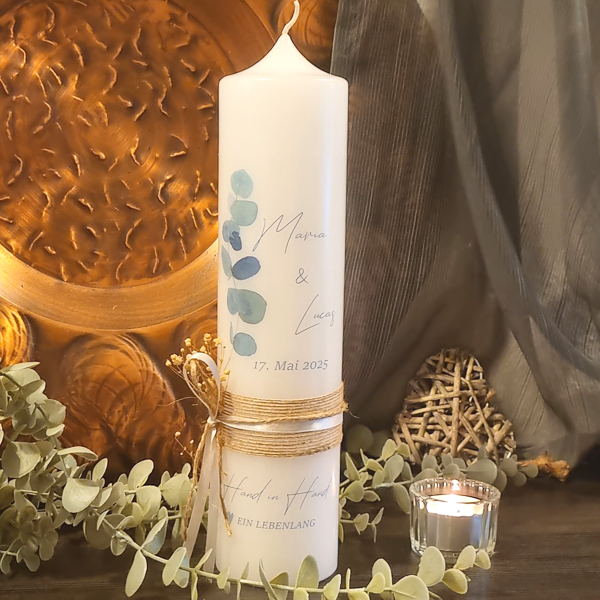 Elegante Hochzeitskerze mit Eukalyptuszweig, Schleifen und Trockenblumen, Hochzeitsgeschenk, Traugeschenk