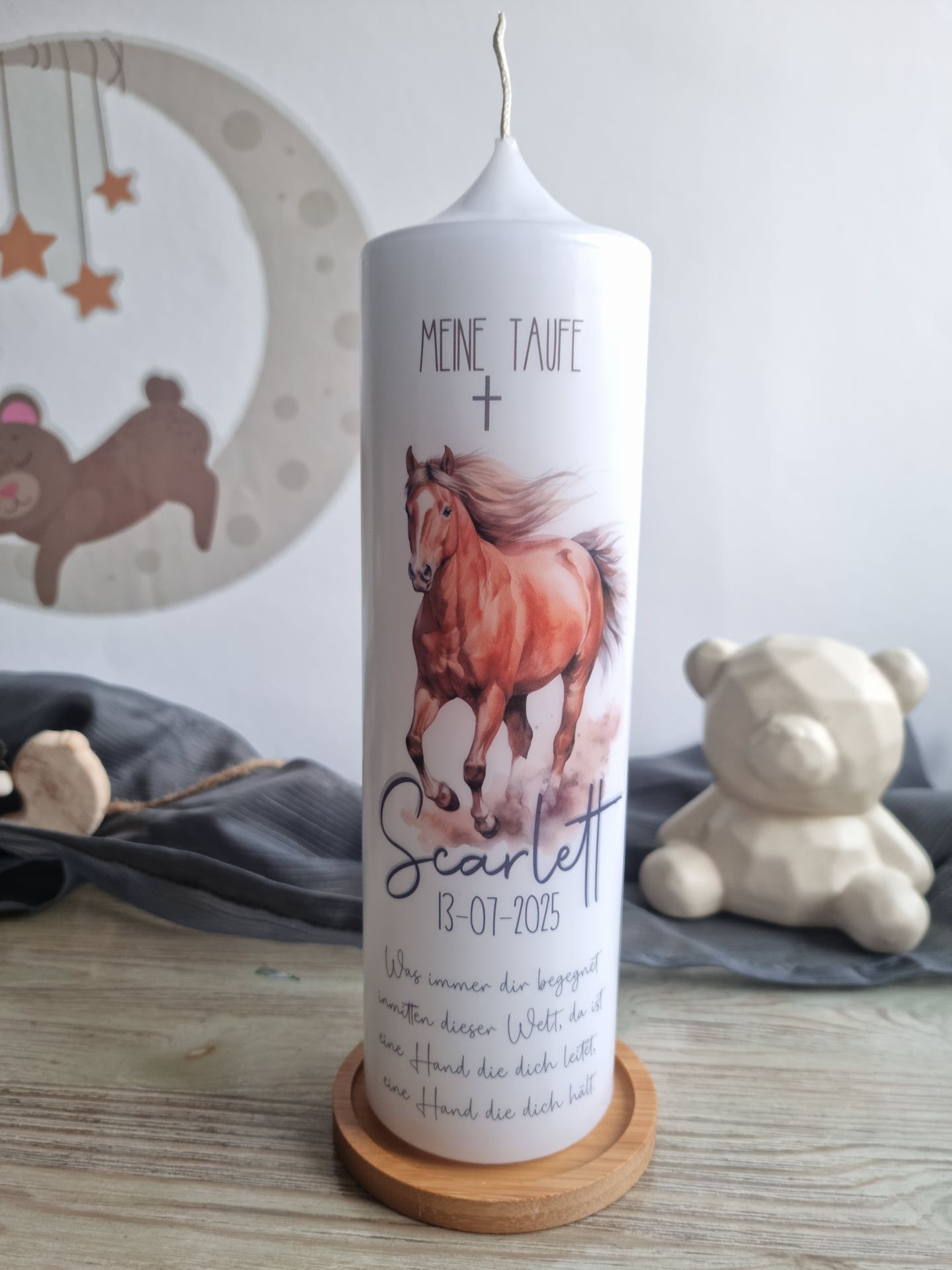 Personalisierte Taufkerze Pferd, Pony - Scarlett - für Mädchen & Jungen, Naturfarben, Taufgeschenk, Babygeschenk