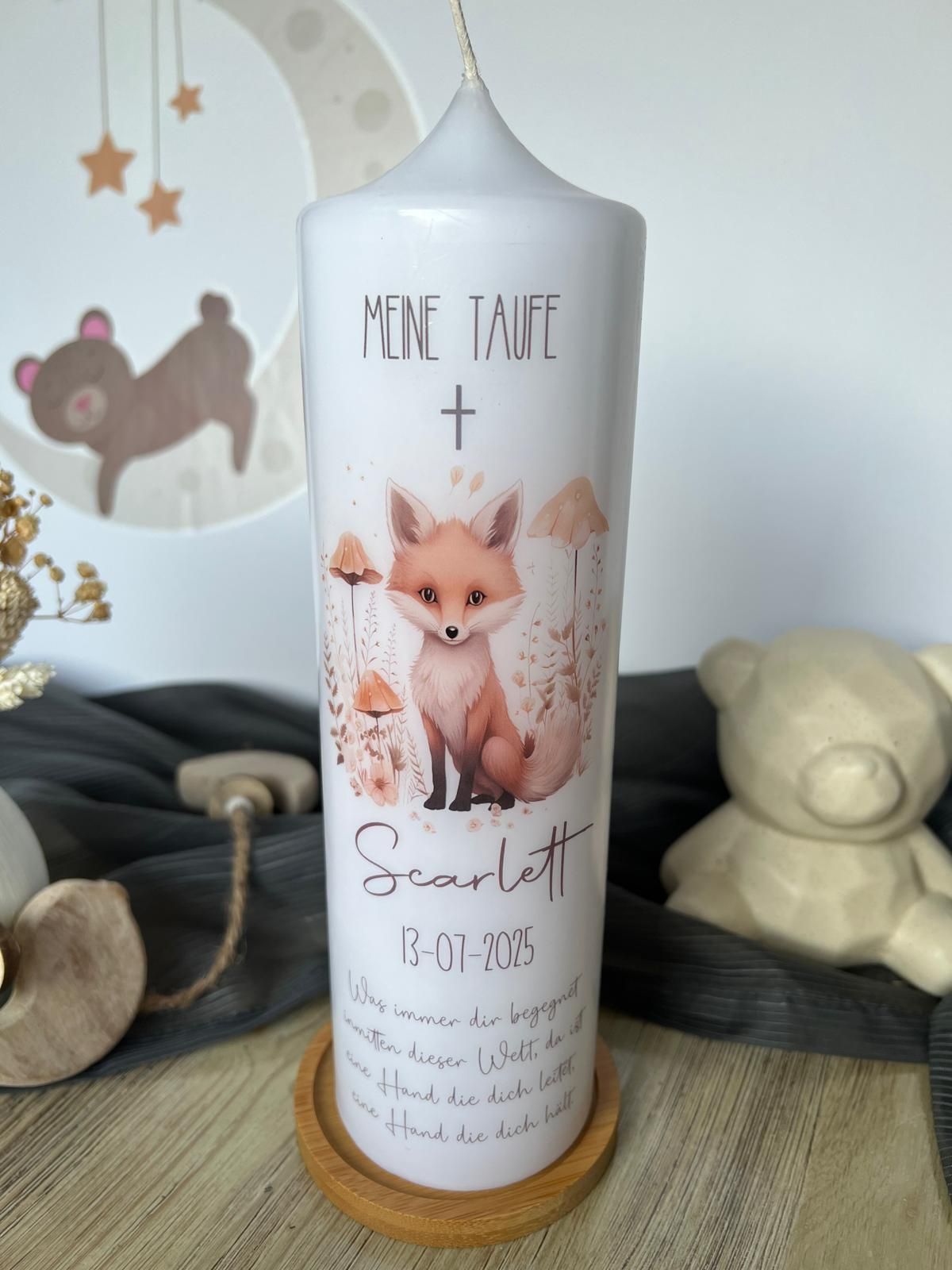 Taufkerze Fuchs, Babyfuchs -Personalisierte Taufkerze für Mädchen & Jungen, Naturfarben, mit Name Datum und Spruch, Taufgeschenk