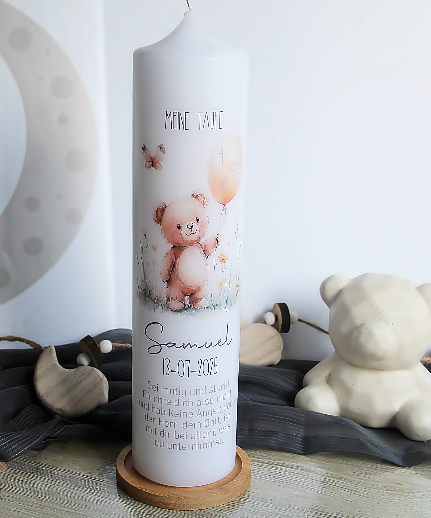 Taufkerze Bär - Samuel - Naturfarben, mit Name Datum und Spruch, Taufgeschenk, Babygeschenk