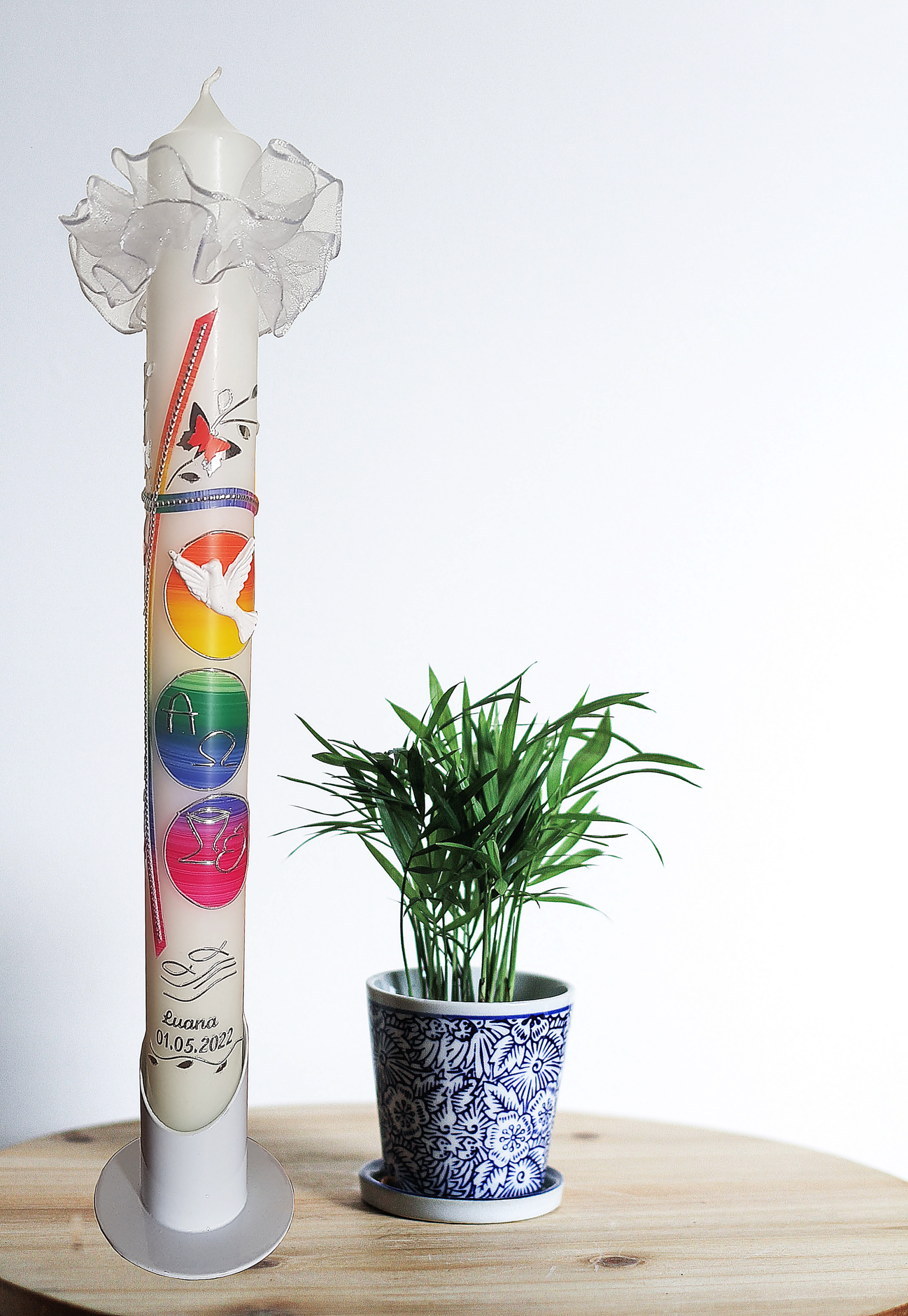 Kommunionkerze Taufkerze Mädchen Jungen Regenbogen Kreuz Taube alpha und omega schetterlinge blumen