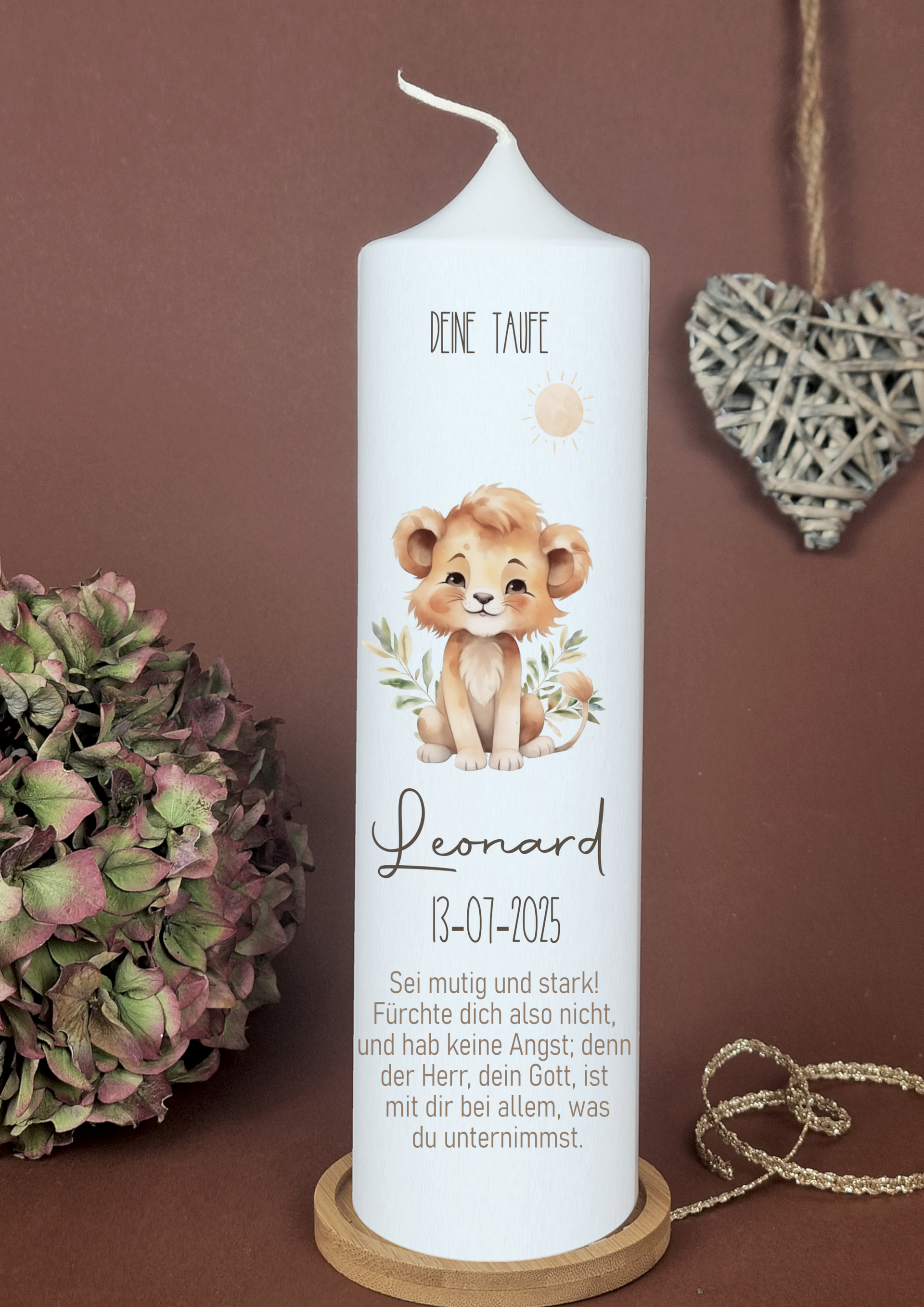 Personalisierte Taufkerze Löwe - Leonard - für Jungen & Mädchen - Taufgeschenk, Babywillkommensgeschenk