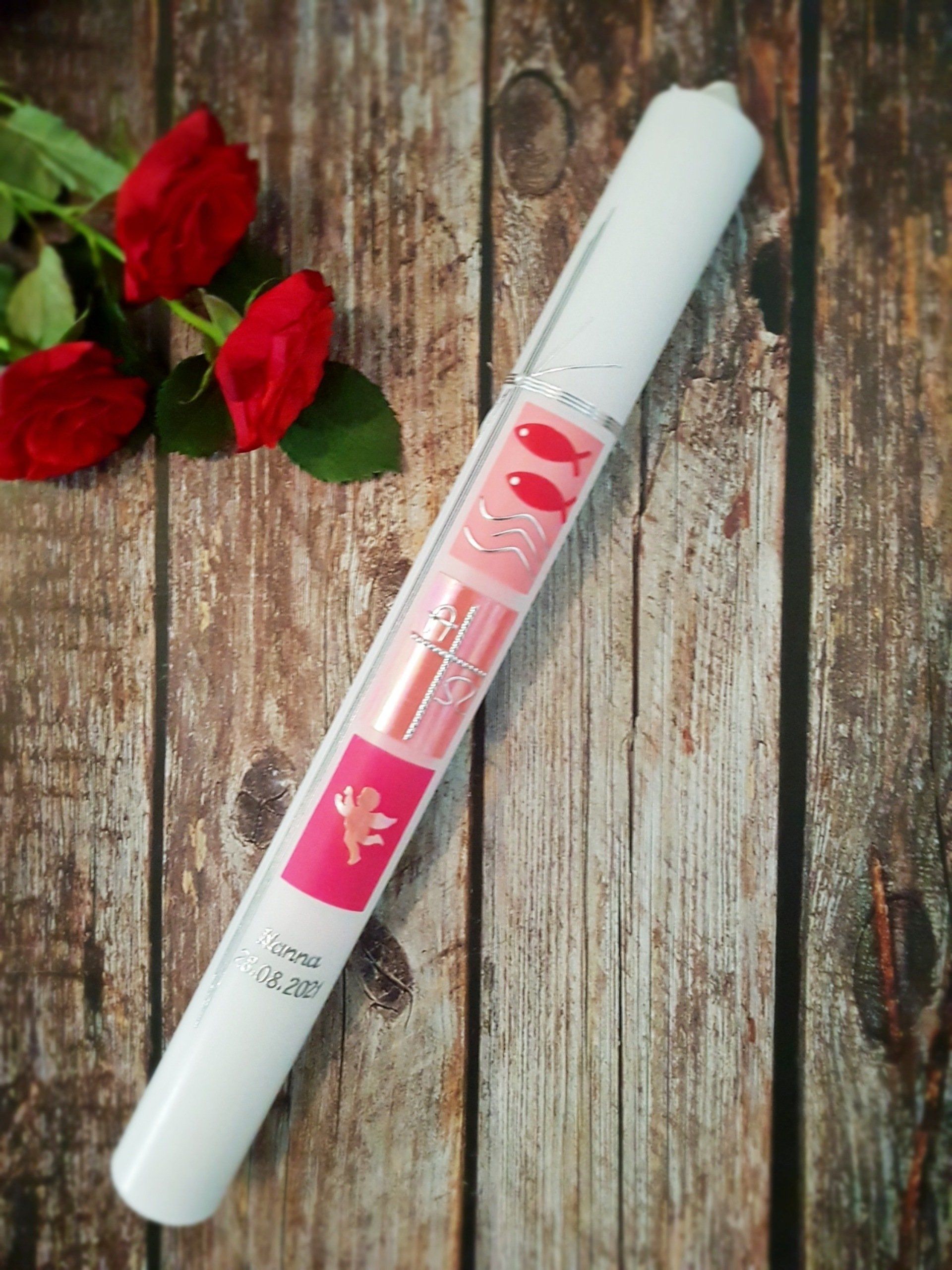 Individuelle Taufkerze kaufen, Kommunionkerze Mädchen mit Fische, Engel, Namen, Datum.