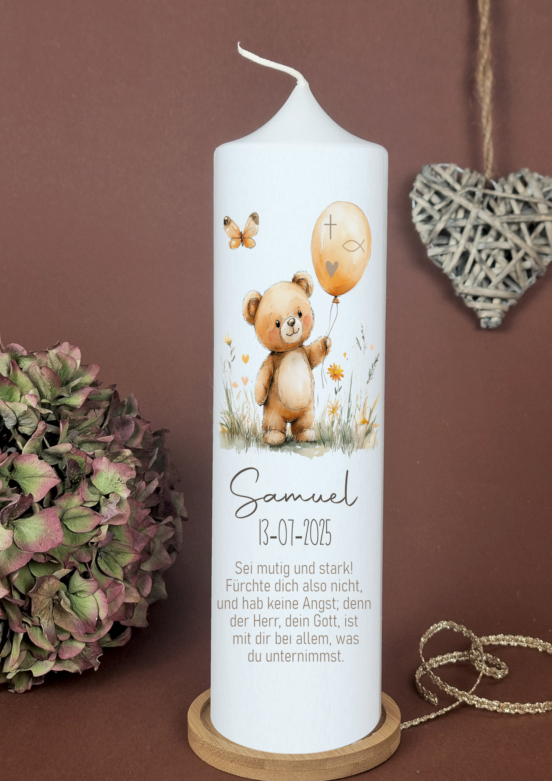 Taufkerze Bär - Samuel - Naturfarben, mit Name Datum und Spruch, Taufgeschenk, Babygeschenk