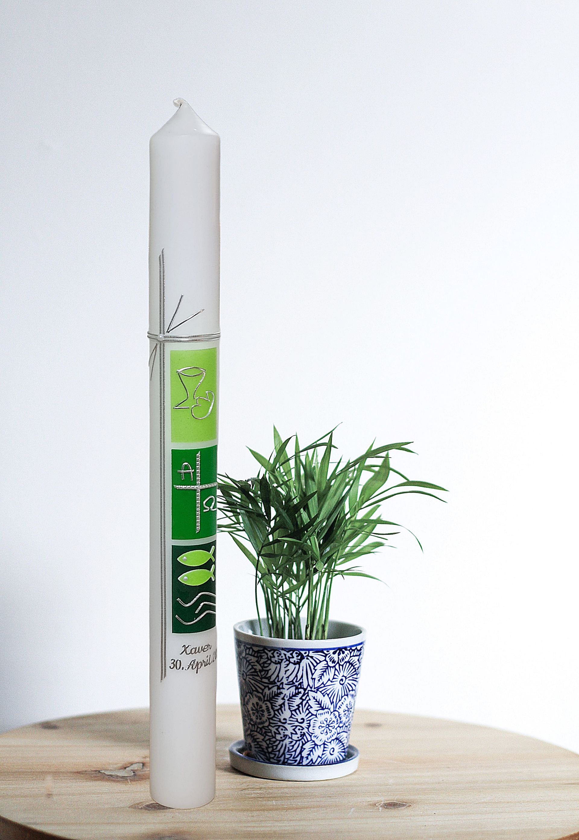 Kommunionkerze Mädchen Jungen Grün Brot und Wein Fische lang