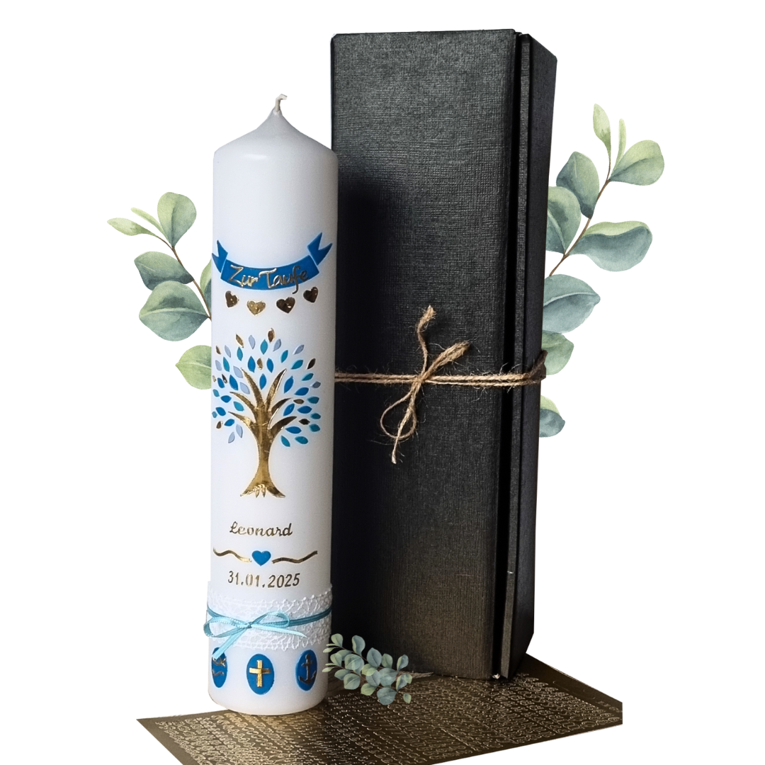 Taufkerzen Set für Jungen mit Lebensbaum Motiv aus Wachs, zum selbstbeschriften, DIY Kerze, Taufkerze