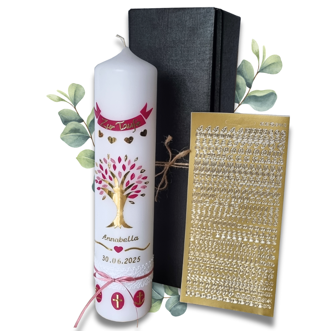 Taufkerzen Set für Mädchen mit Lebensbaum Motiv aus Wachs, zum selbst beschriften, DIY Kerze, Taufkerze