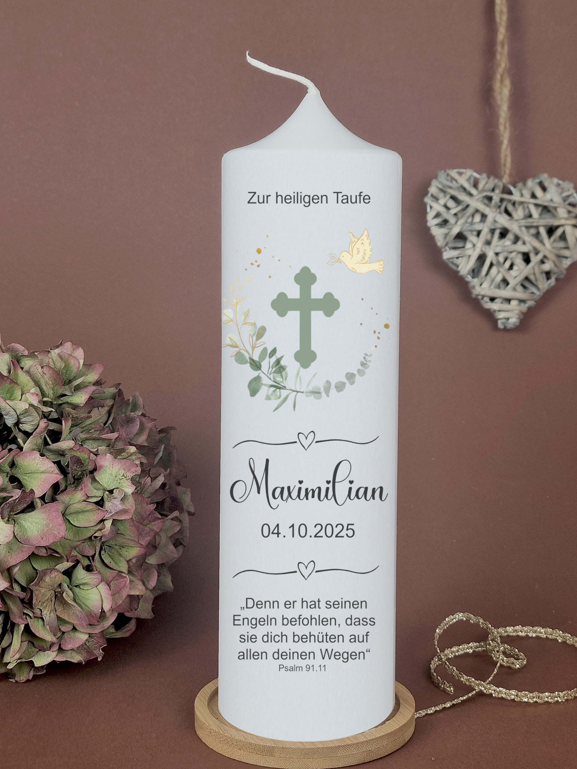 Taufkerze, Kommunionkerze Eukalyptus, Kreuz, Taube, personalisiert mit Name Datum Spruch
