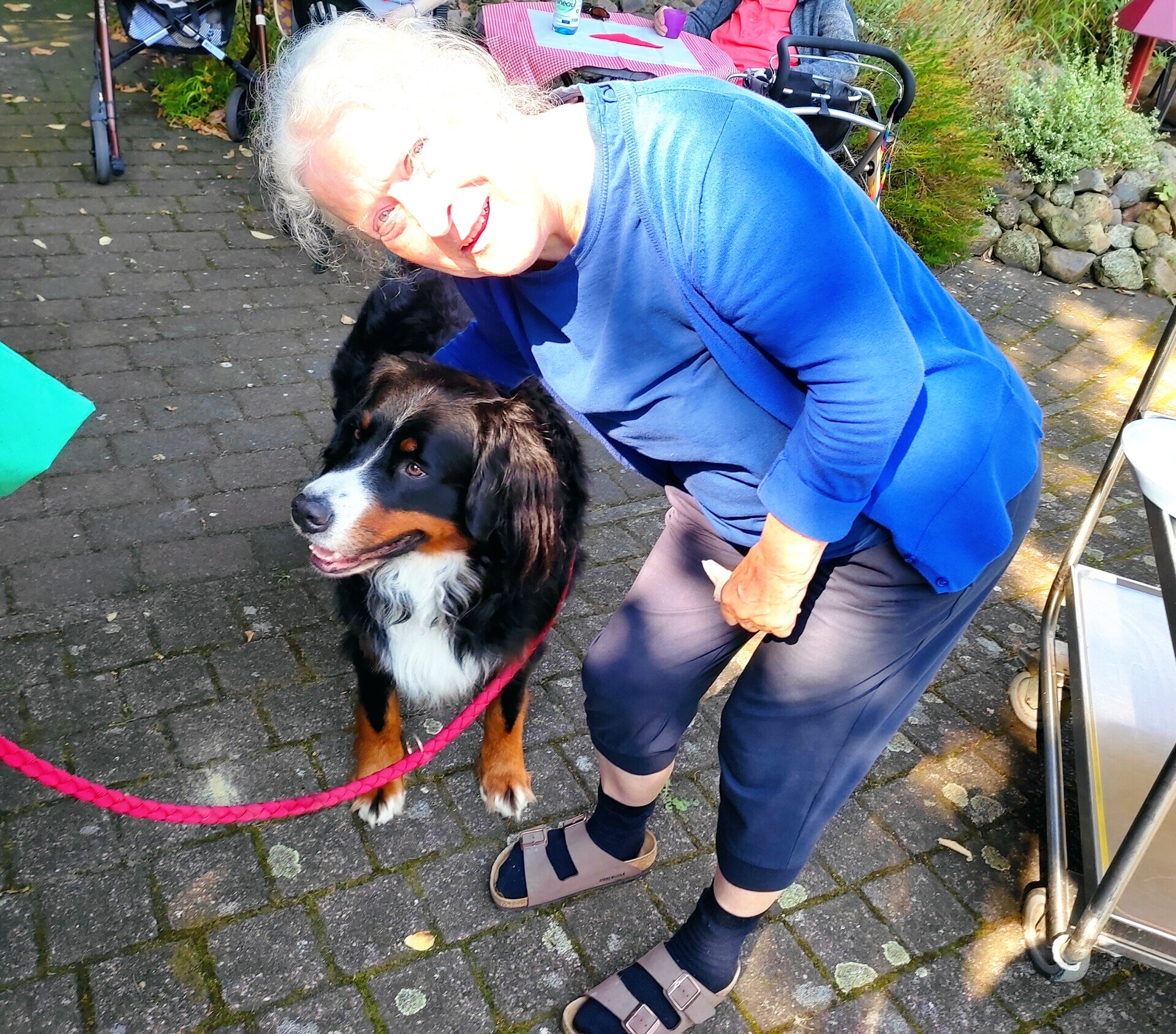 Bewohnerin mit Hund Henry beim Sommerfest