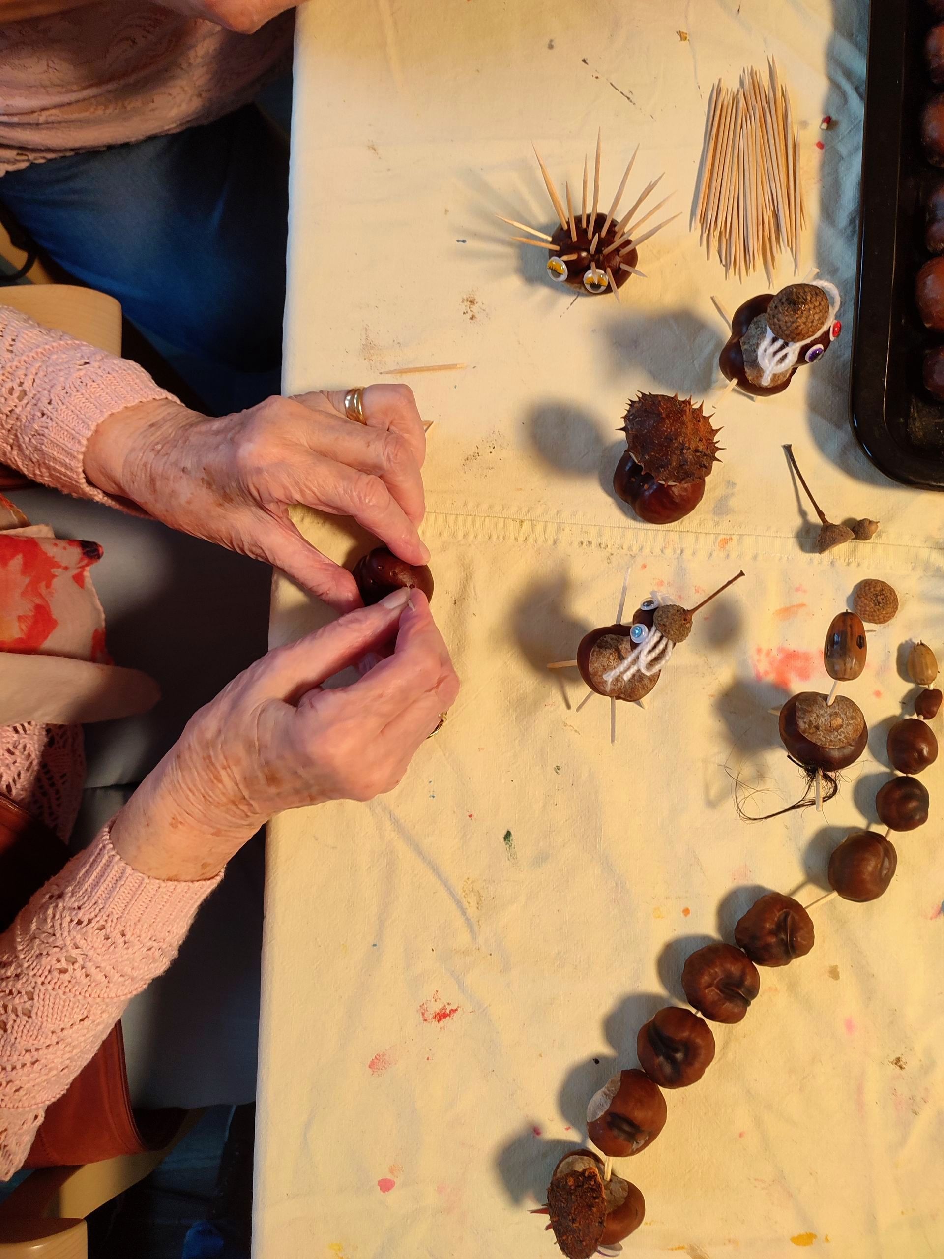 Hände formen ein Kastanientier aus Kastanien und Zahnstochern auf einem Basteltisch.