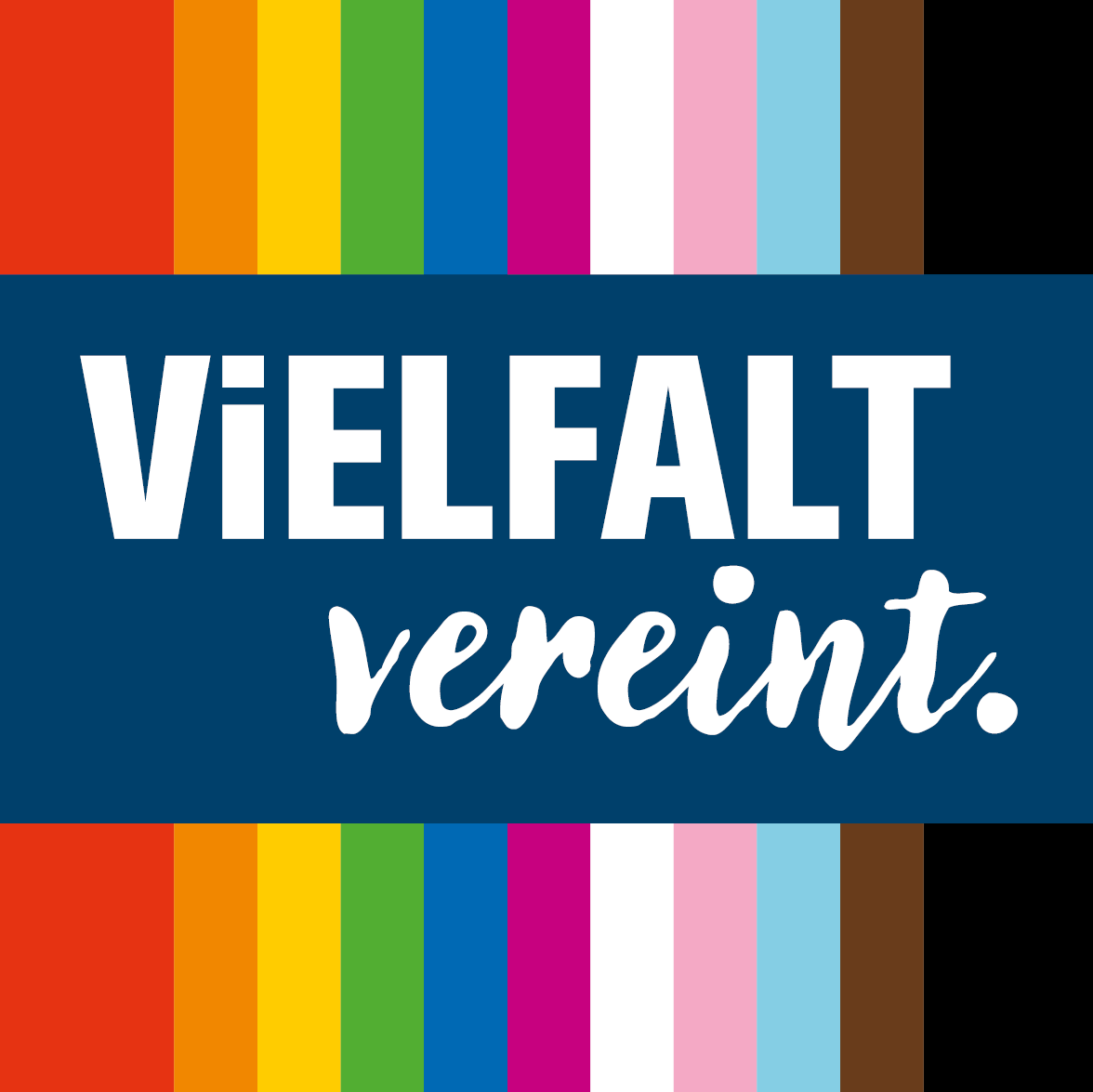 Grafik mit dem Schriftzug Vielfalt vereint und bunten Farben.
