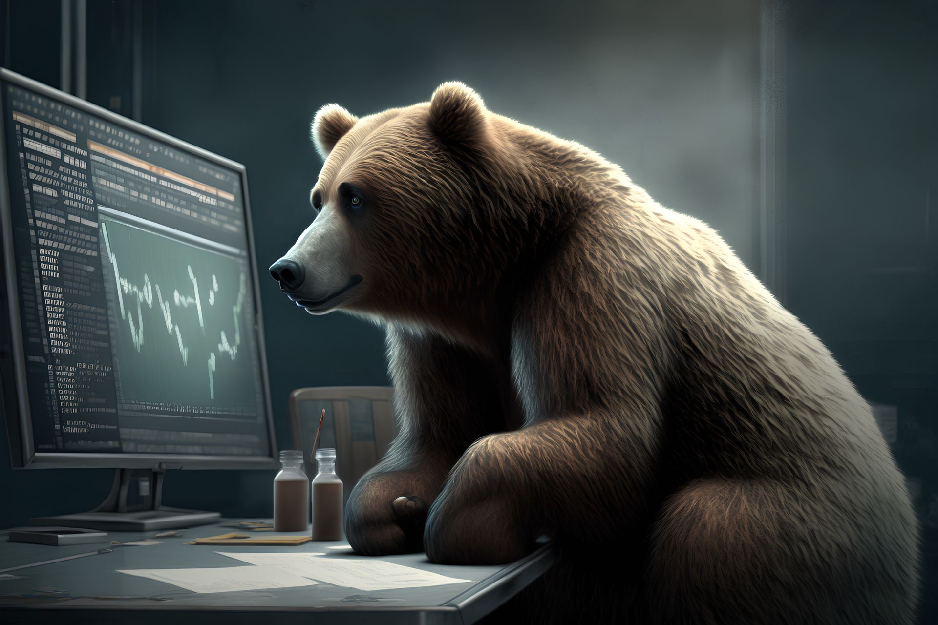 Rezession und Goldilocks Bär vor Notebook