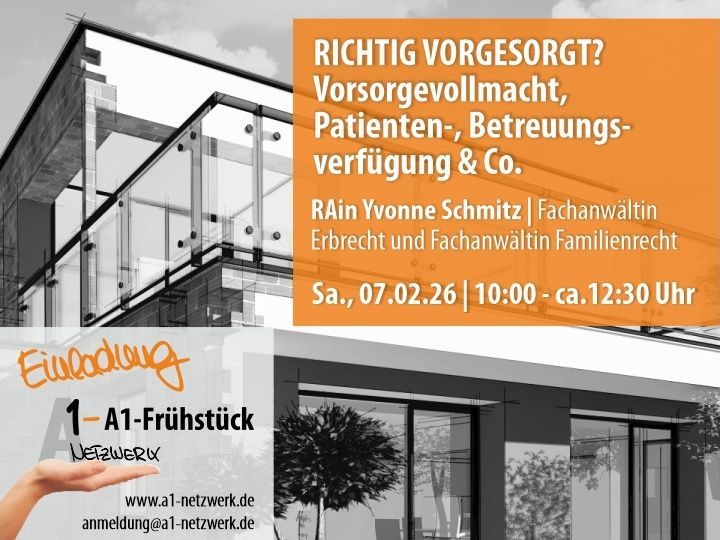 Einladung zum A1-Frühstück am 29.3.25 Grafik mit dem Text: Einladung zum A1-Frühstück am 06.09.25 zum Thema