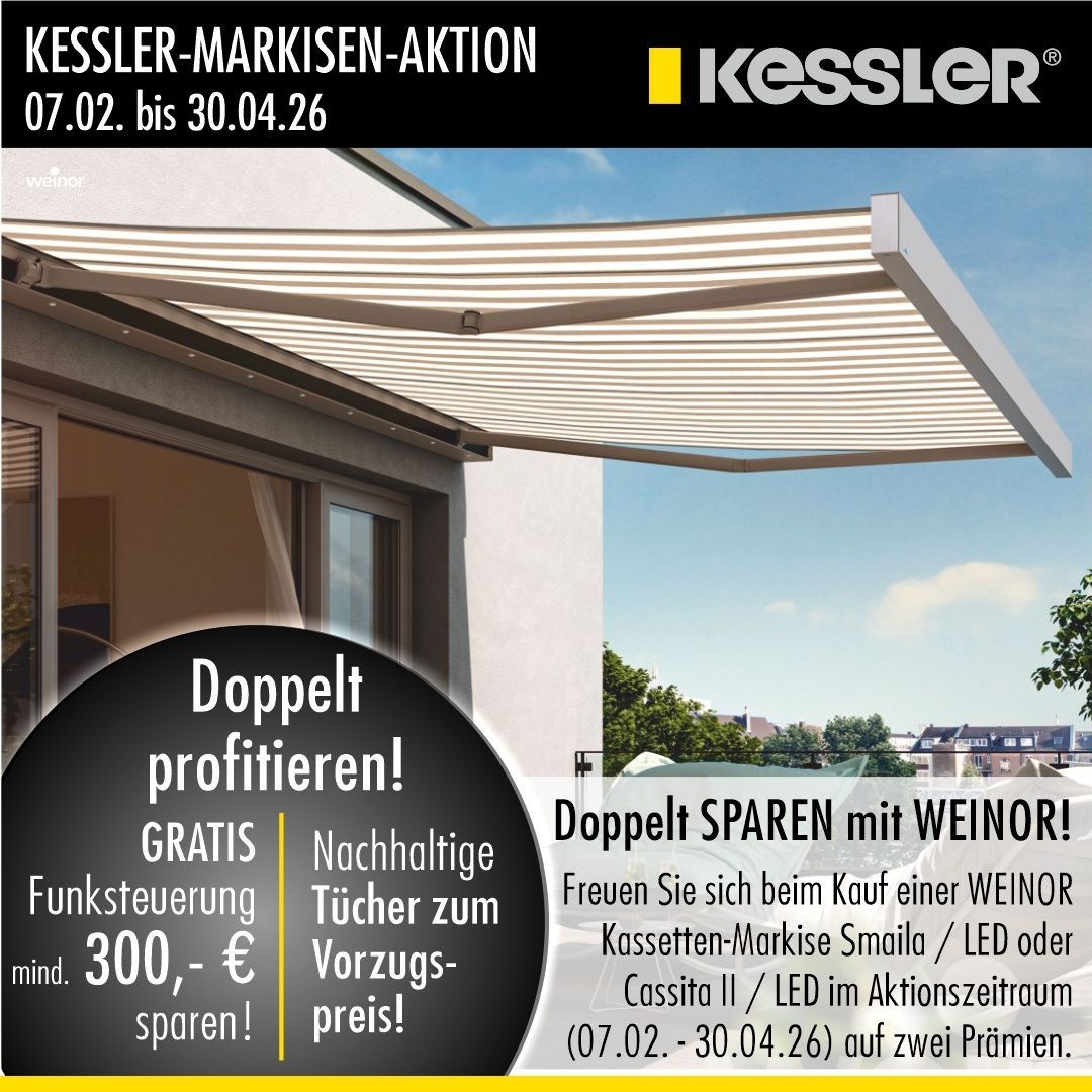 Markisenaktion mind. 300 Euro sparen, Bild zeigt weinor Smaila Markise im ausgefahrenen Zustand.