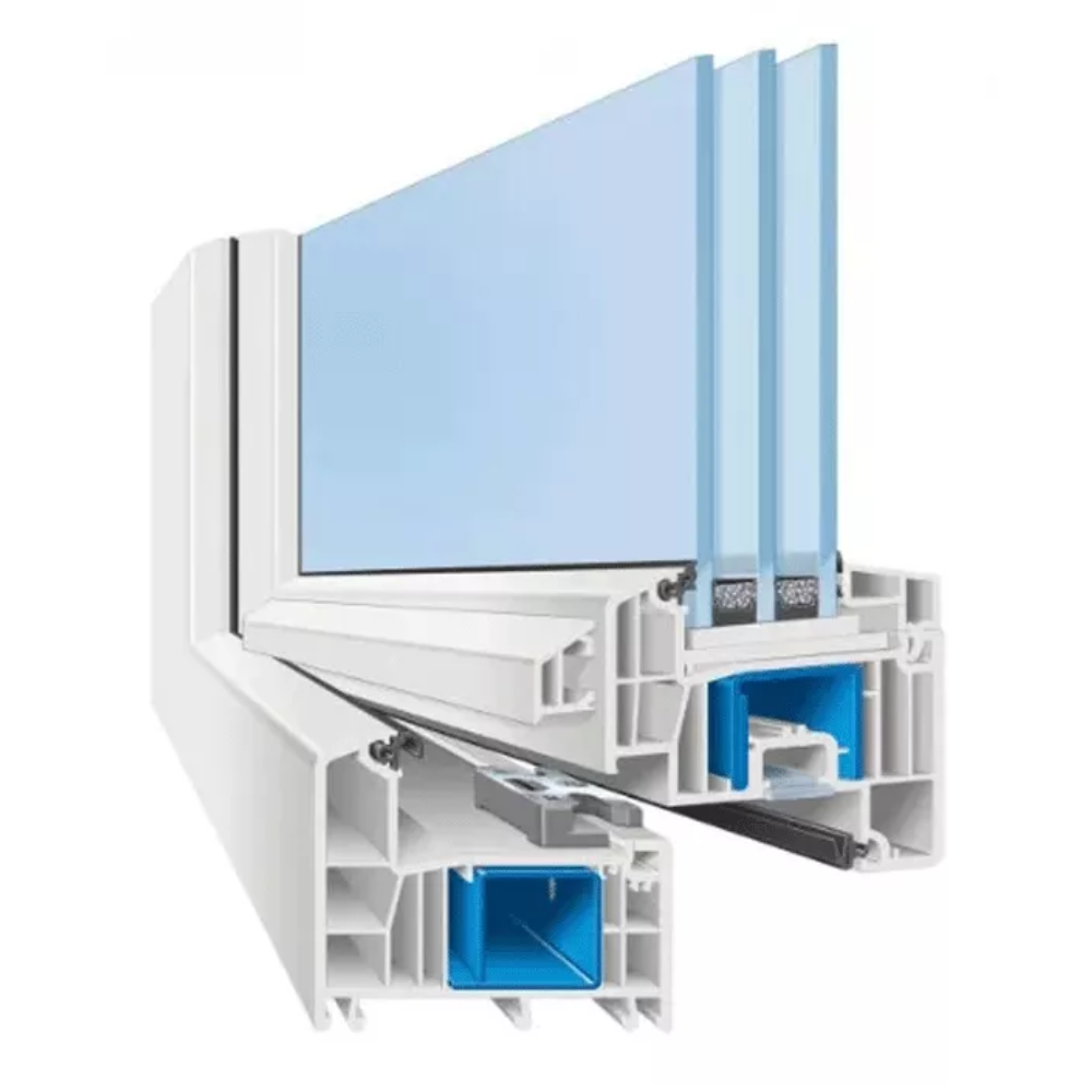 Der Profilschnitt des Kunststofffensters AFINO-one von Weru zeigt den Fensterrahmen und den Fensterflügel im Querschnitt. Es ist ein 6-Kammer-Fenstersystem zu sehen. Im Rahmen und im Flügel ist eine Stahlverstärkung verbaut. Durch die 3-fach Verglasung und die 86 mm Bautiefe des Fensters erzielt es sehr gute Wärmedämmwerte.